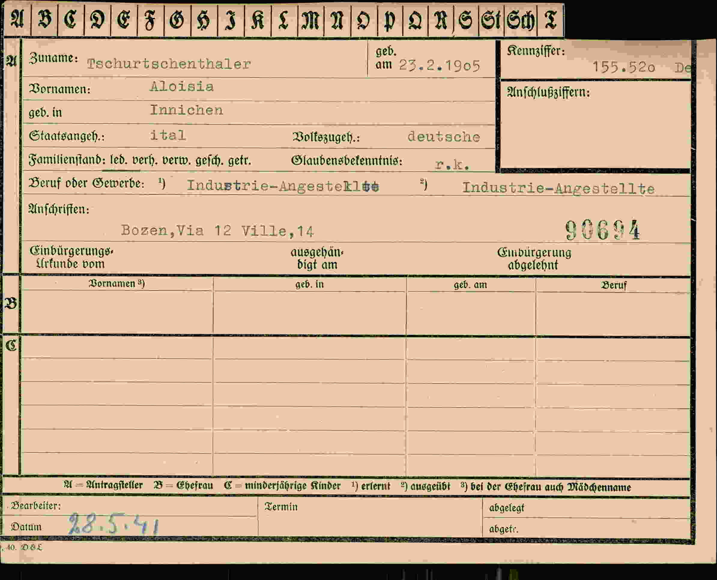 Dokument für Aloisia Tschurtschenthaler