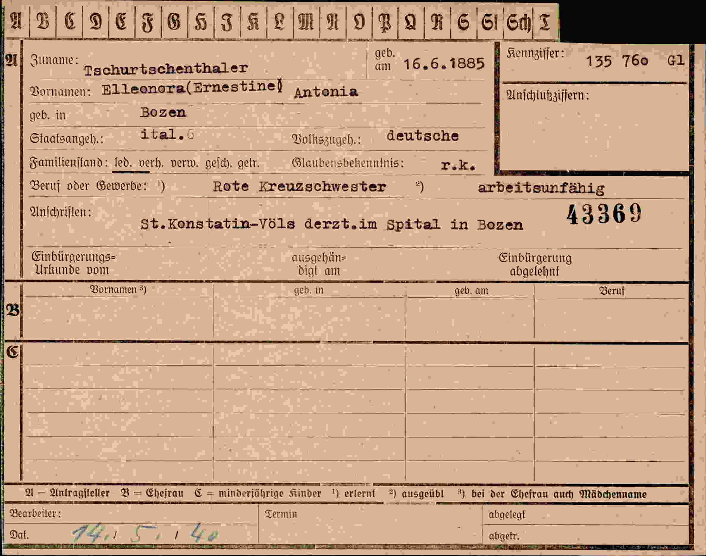 Dokument für Ernestine Antonia Tschurtschenthaler