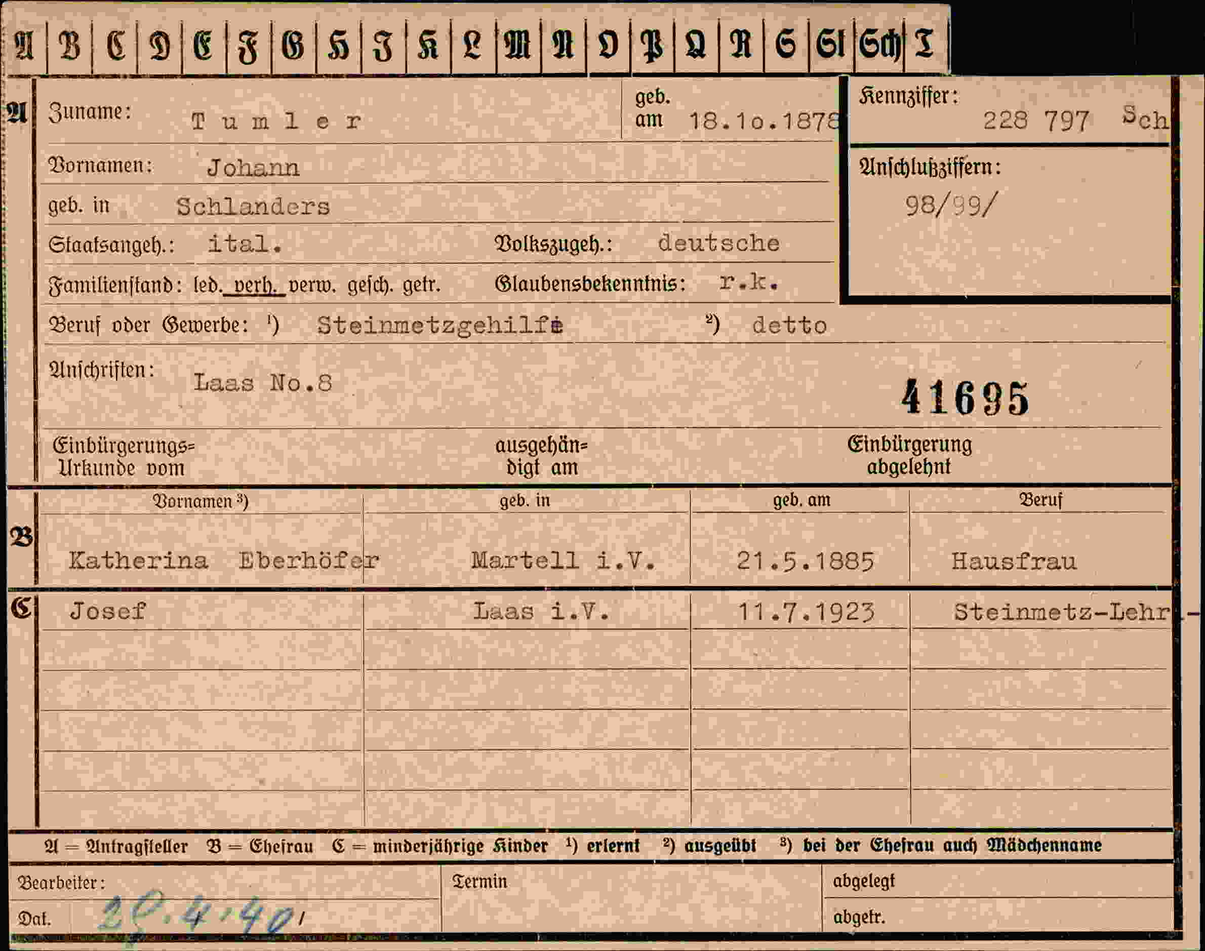 Dokument für Johann Tumler