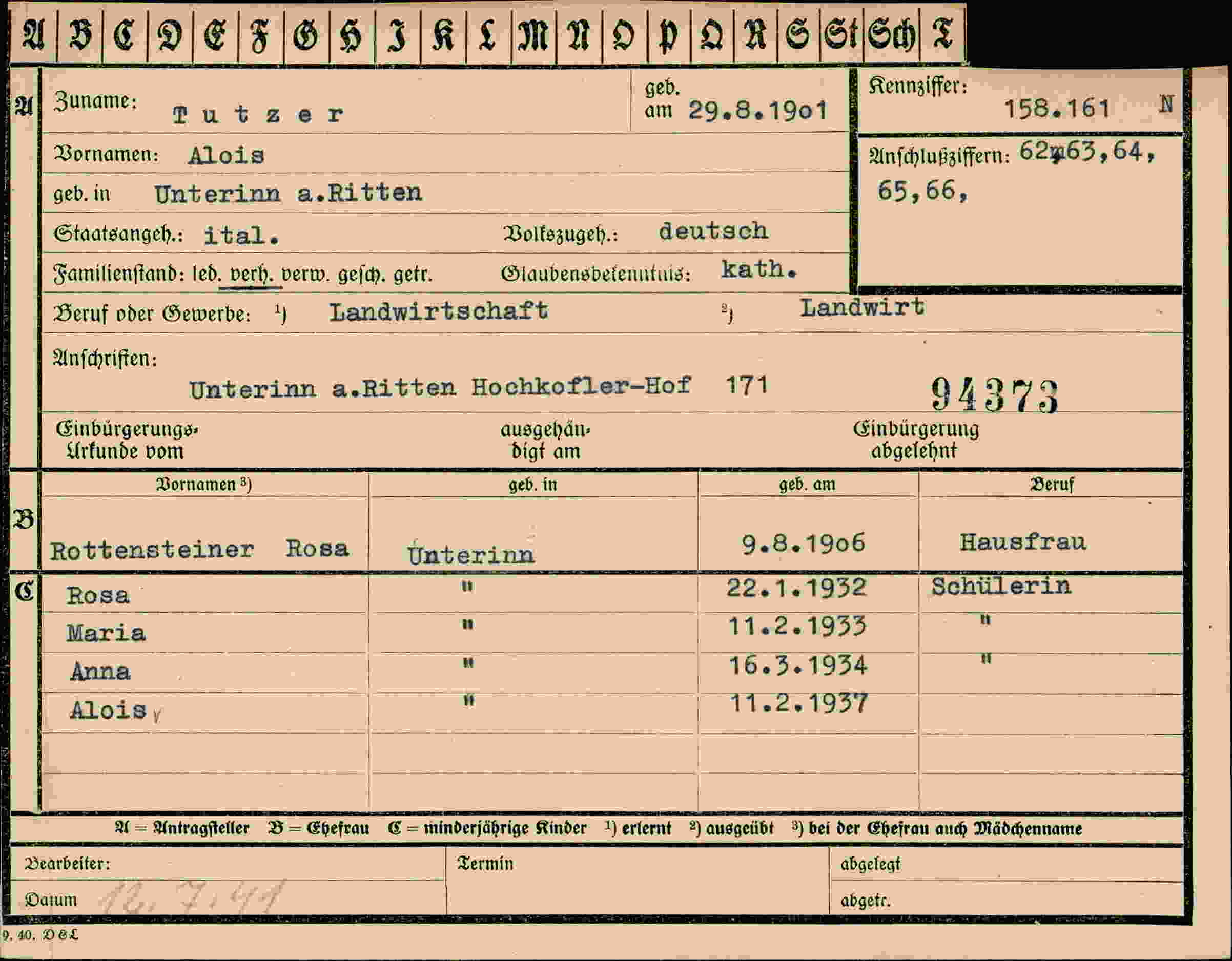 Dokument für Alois Tutzer