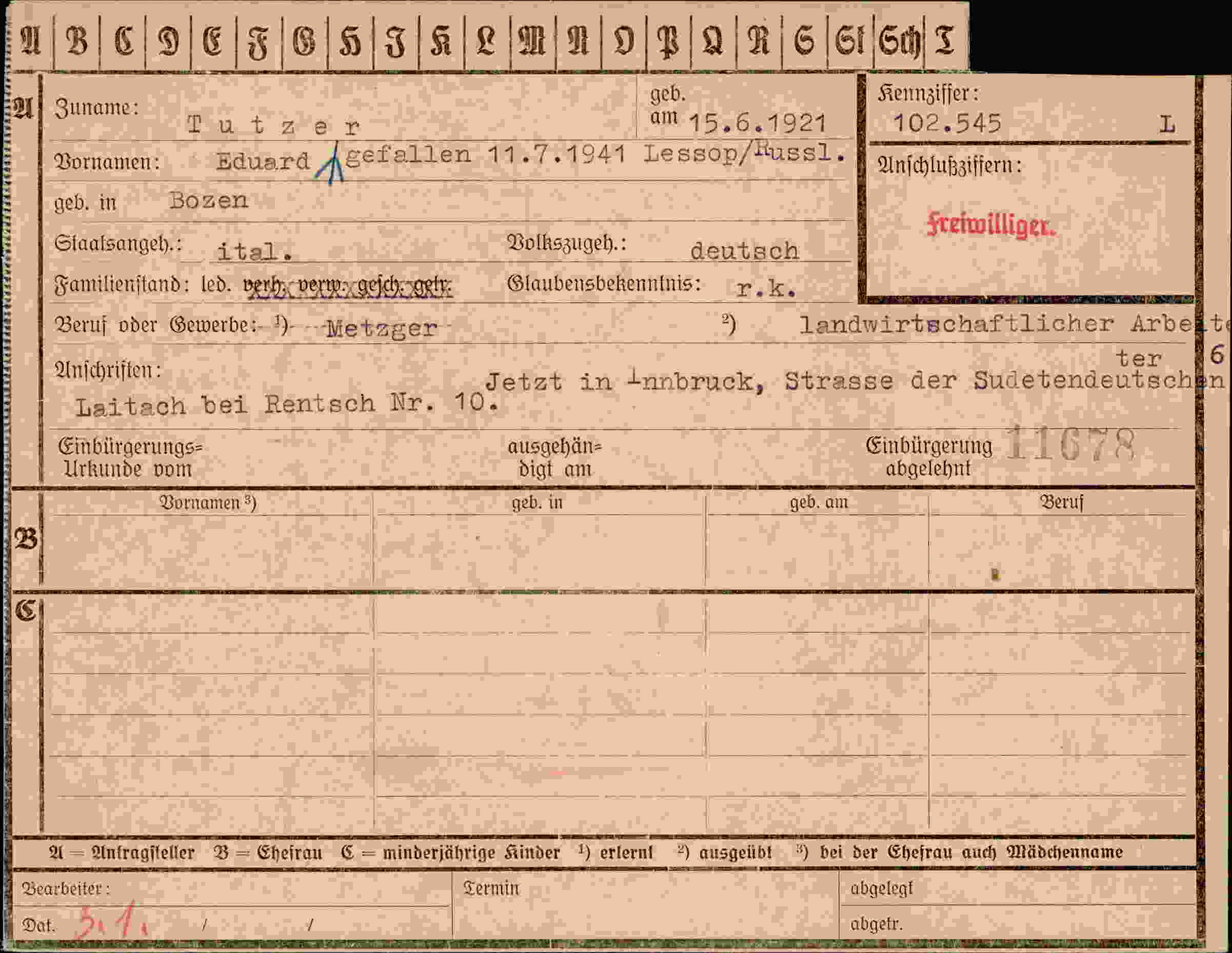 Dokument für Eduard Tutzer