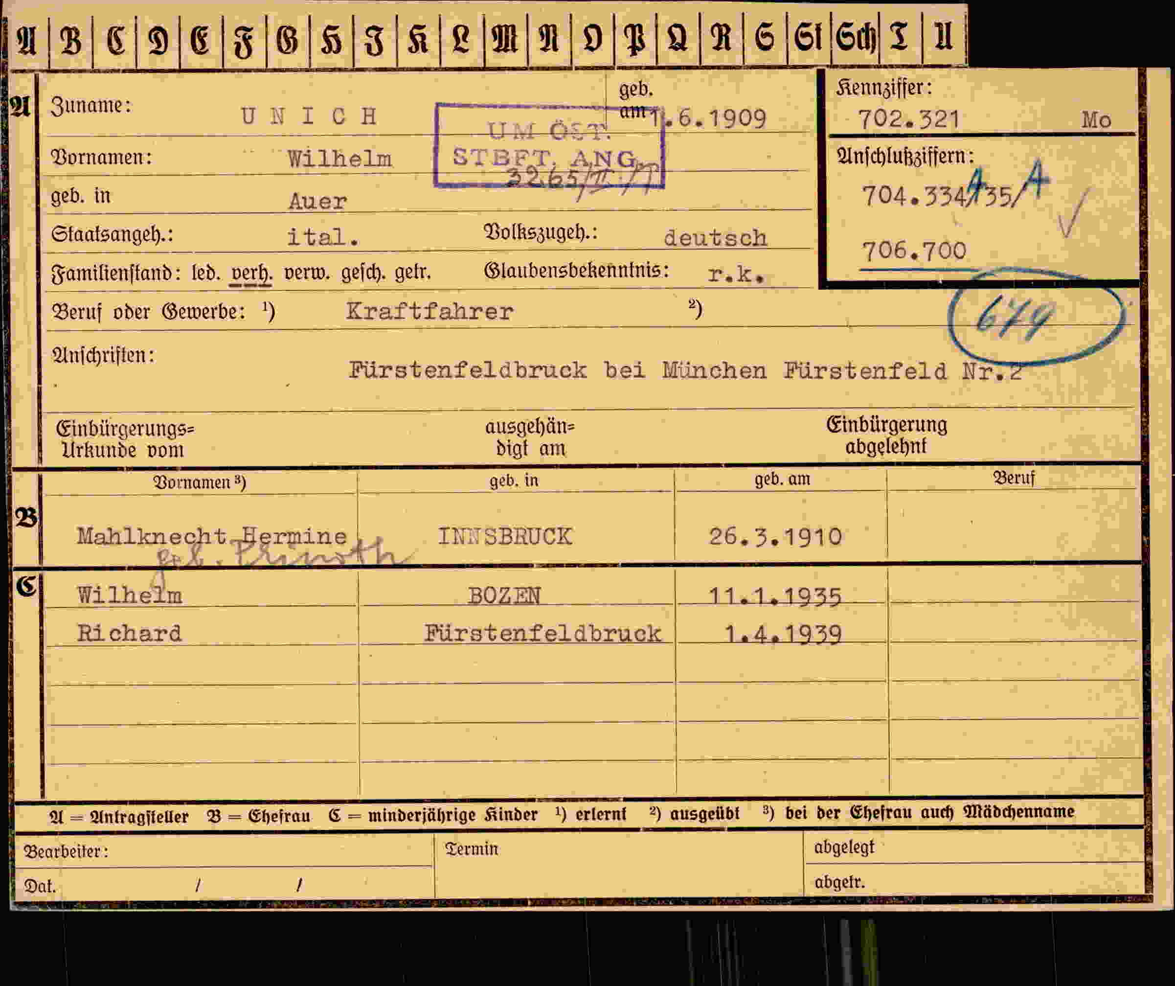 Dokument für Wilhelm Unich