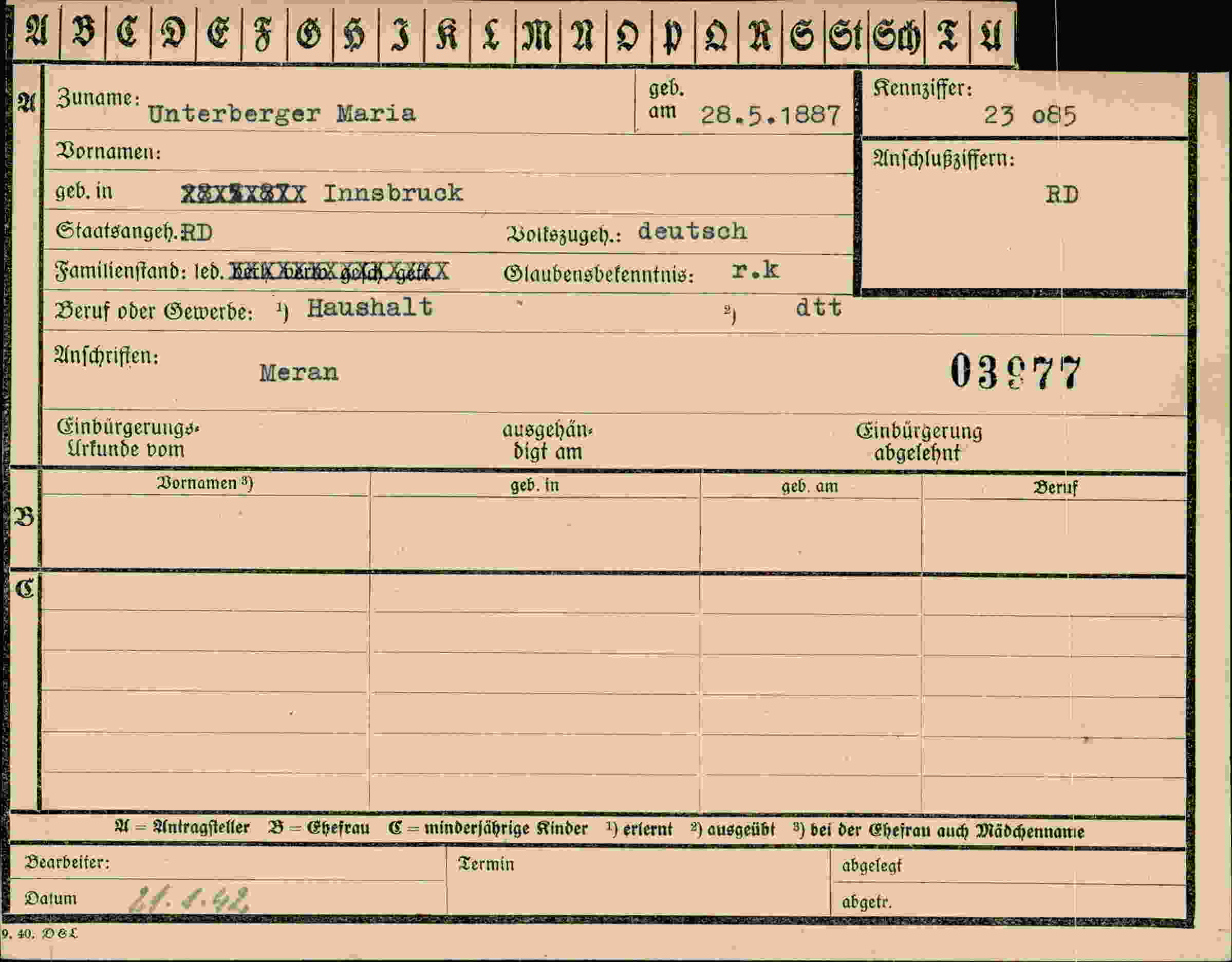 Dokument für  Unterberger Maria