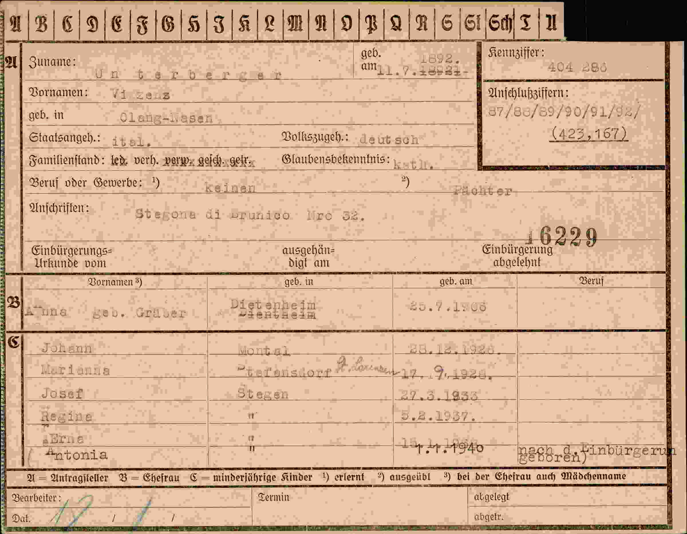 Dokument für Vinzenz Unterberger