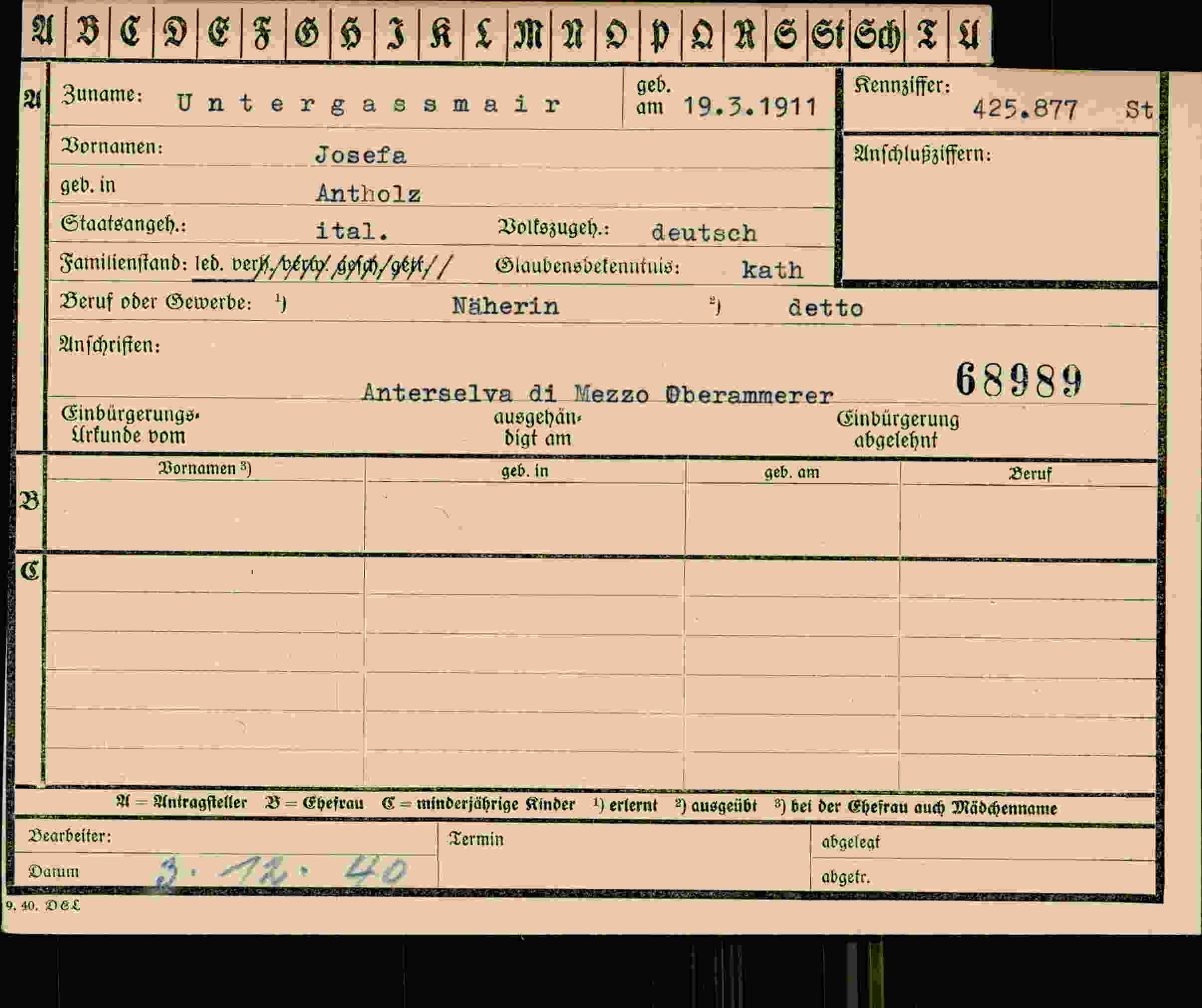 Dokument für Josefs Untergassmair