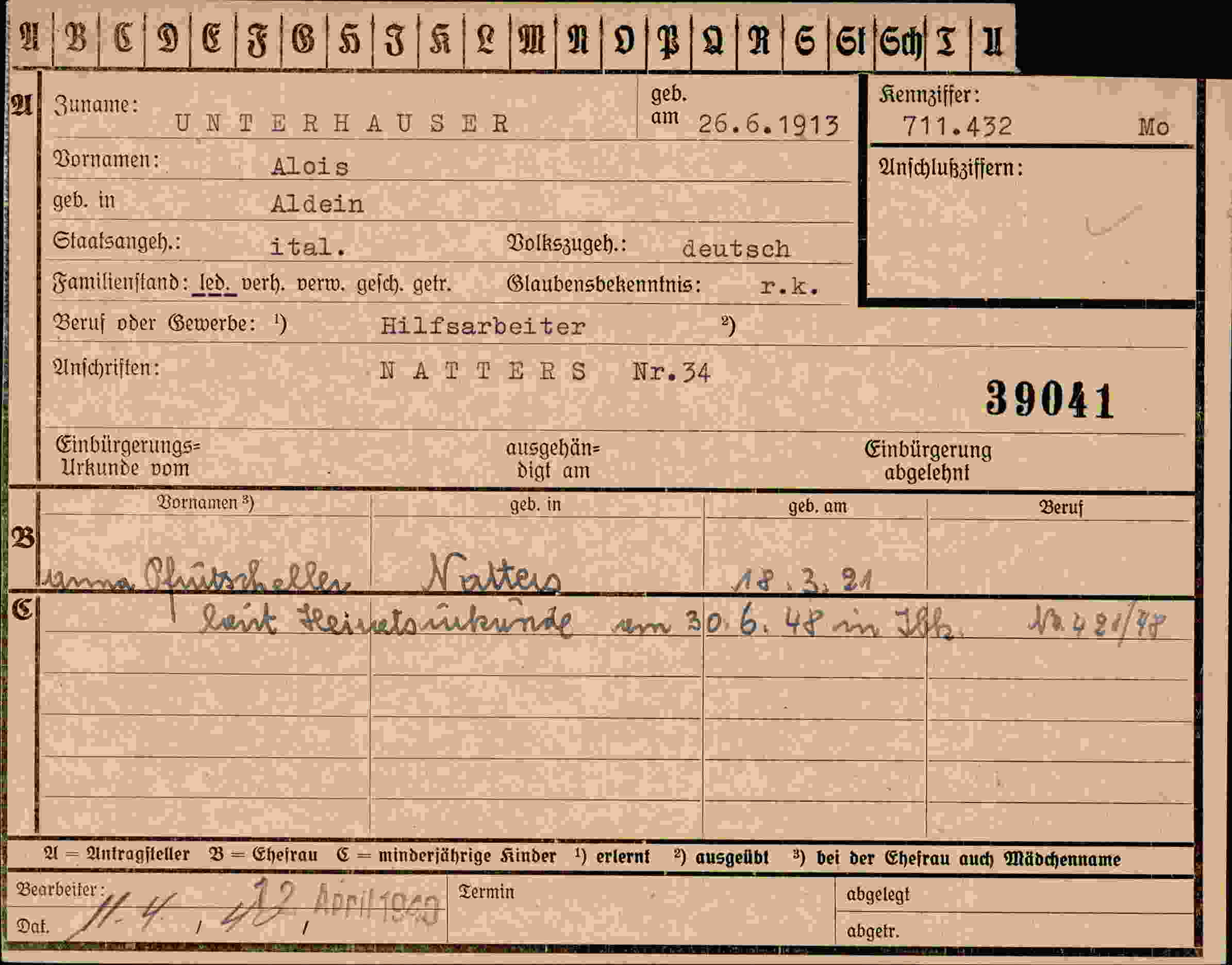 Dokument für Alois Unterhauser