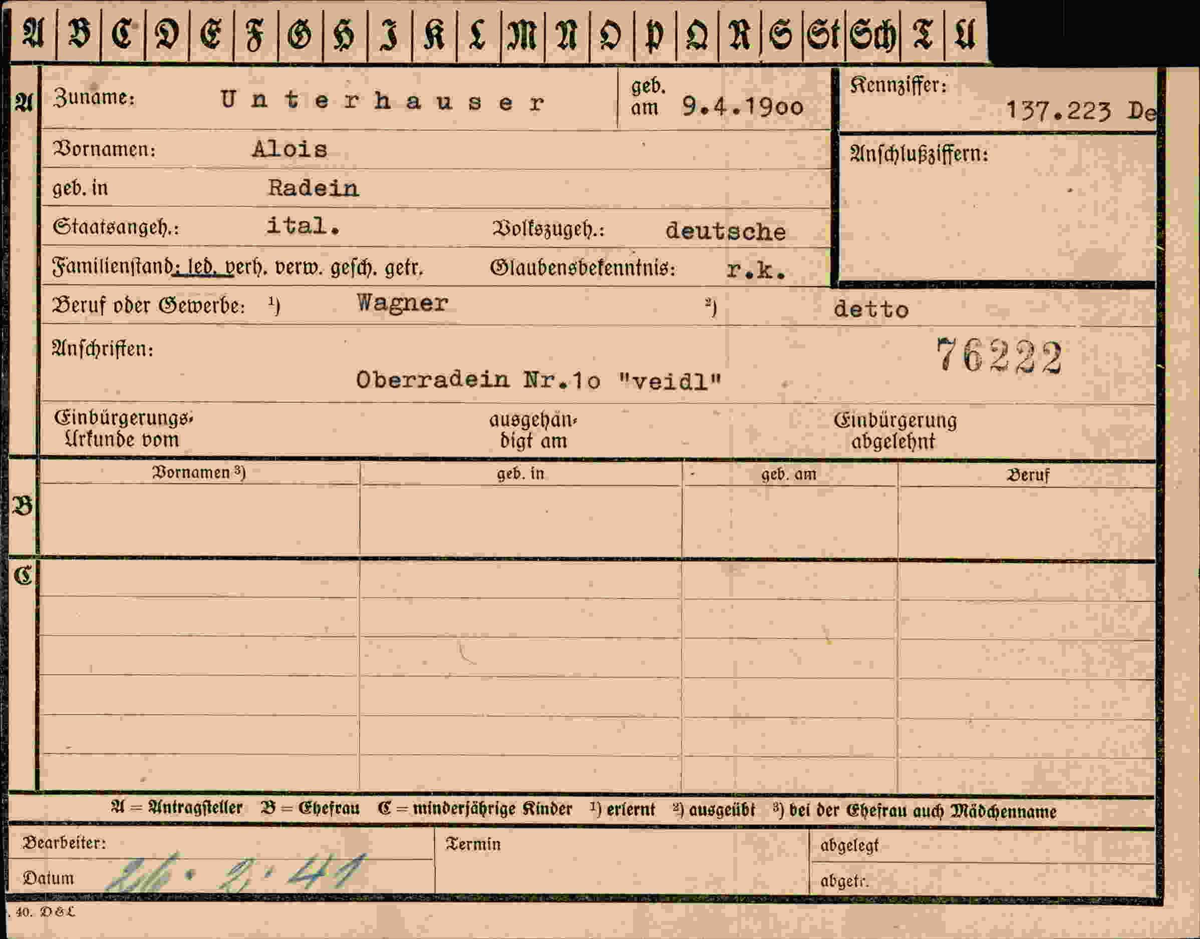 Dokument für Alois Unterhauser