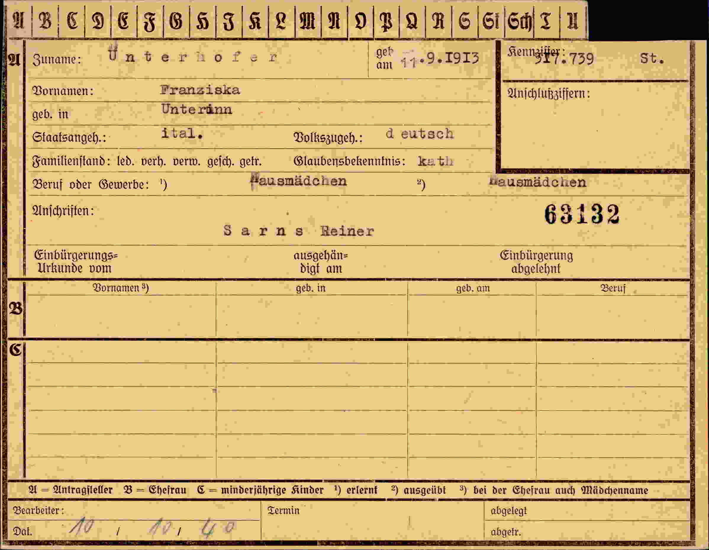 Dokument für Franziska Unterhofer