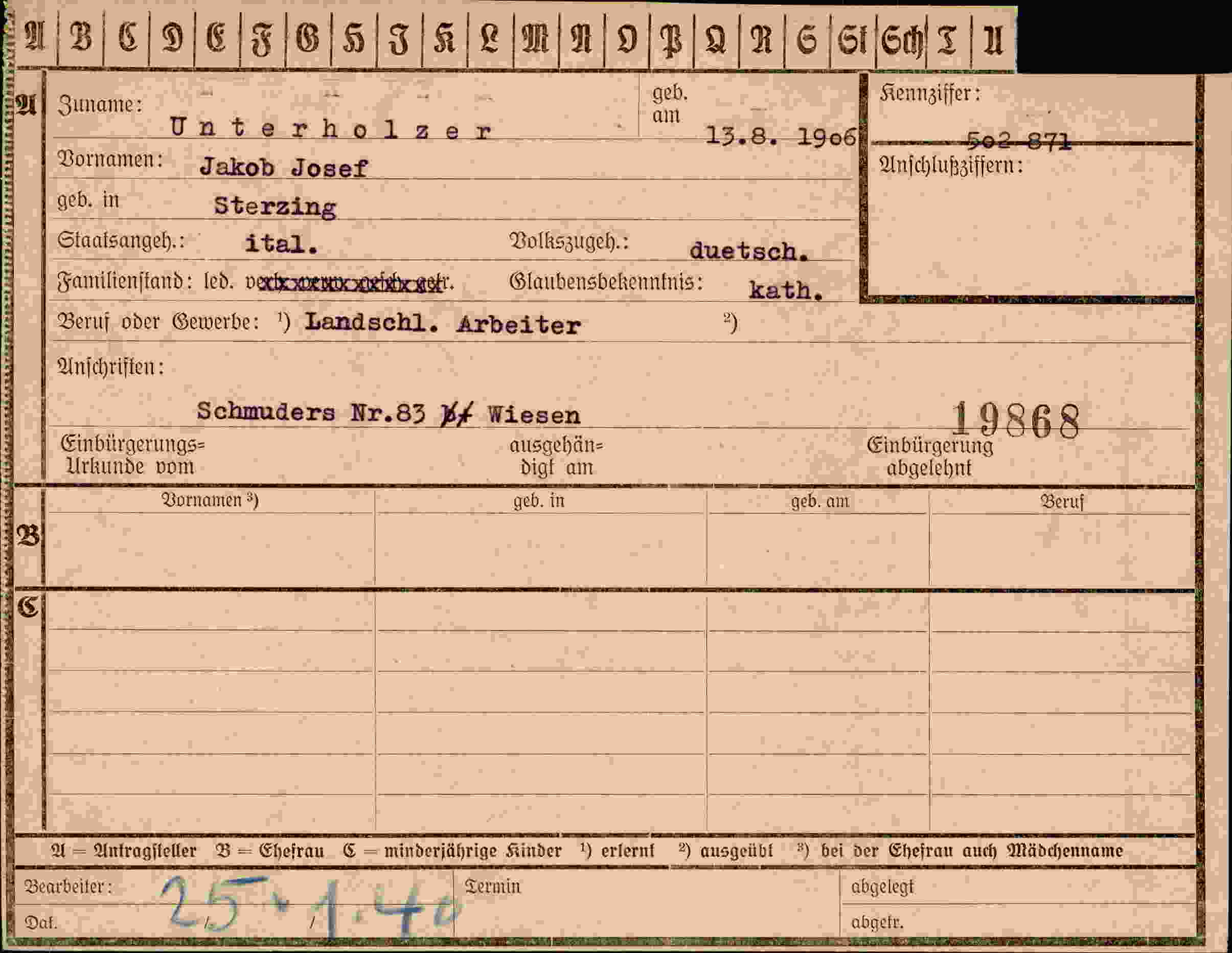 Dokument für Jakob Josef Unterholzer