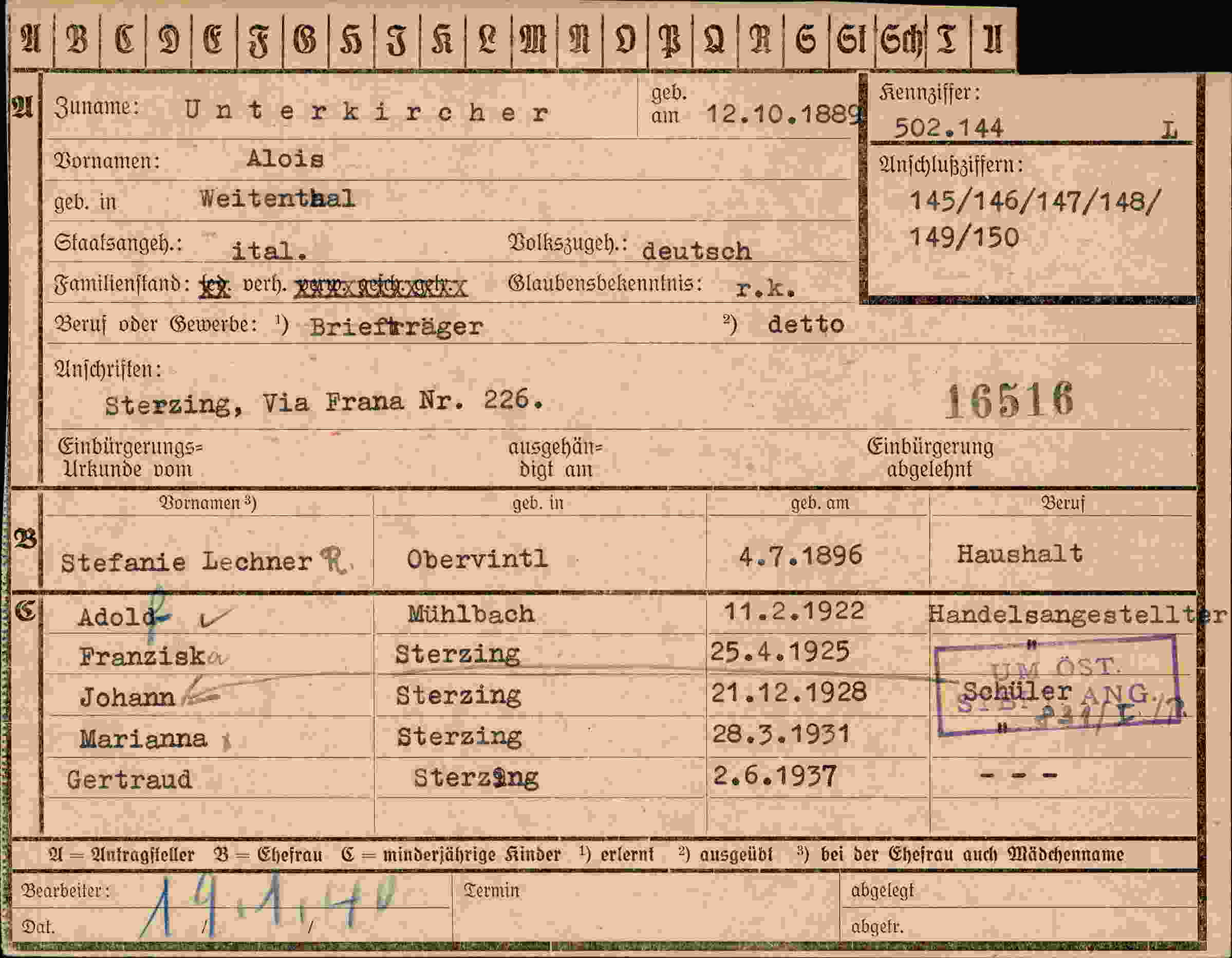 Dokument für Alois Unterkircher