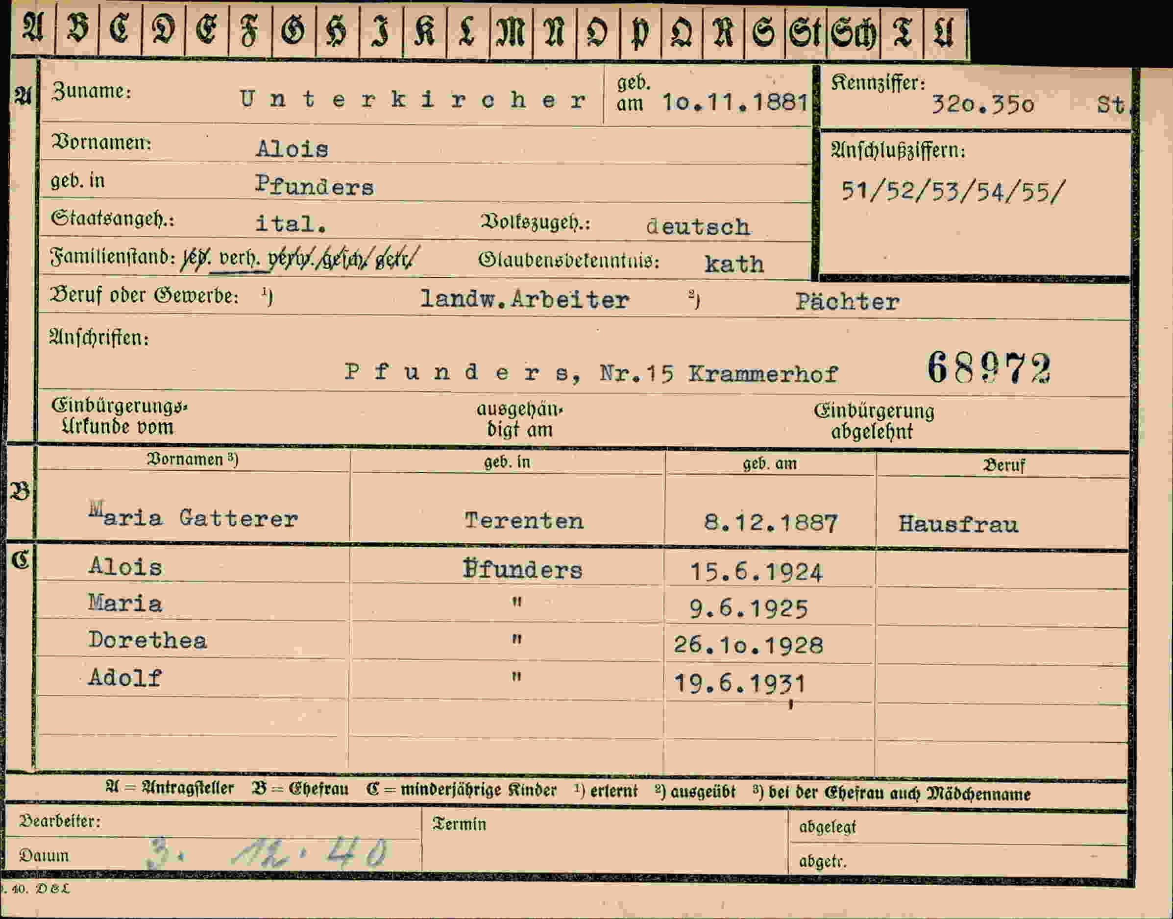 Dokument für Alois Unterkircher