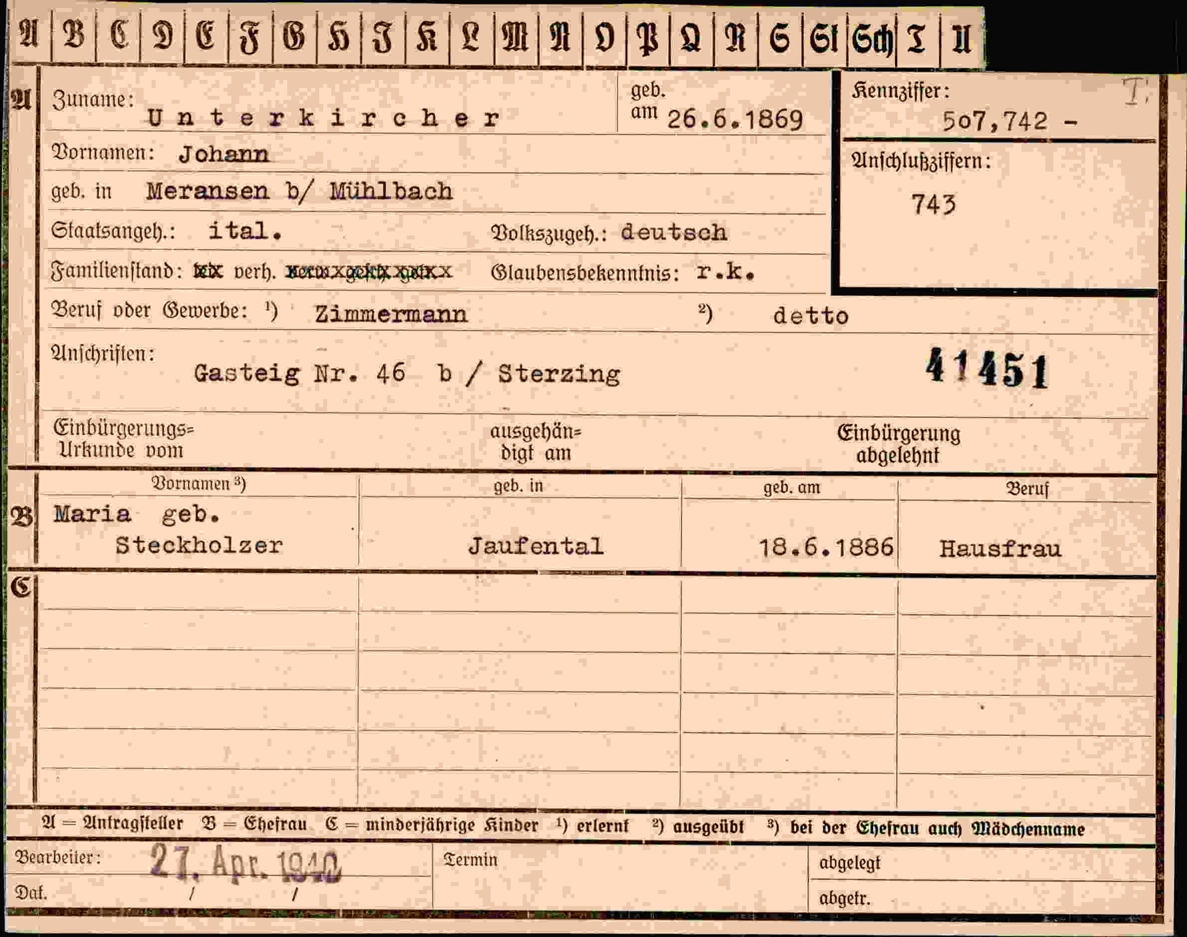Dokument für Johann Unterkircher