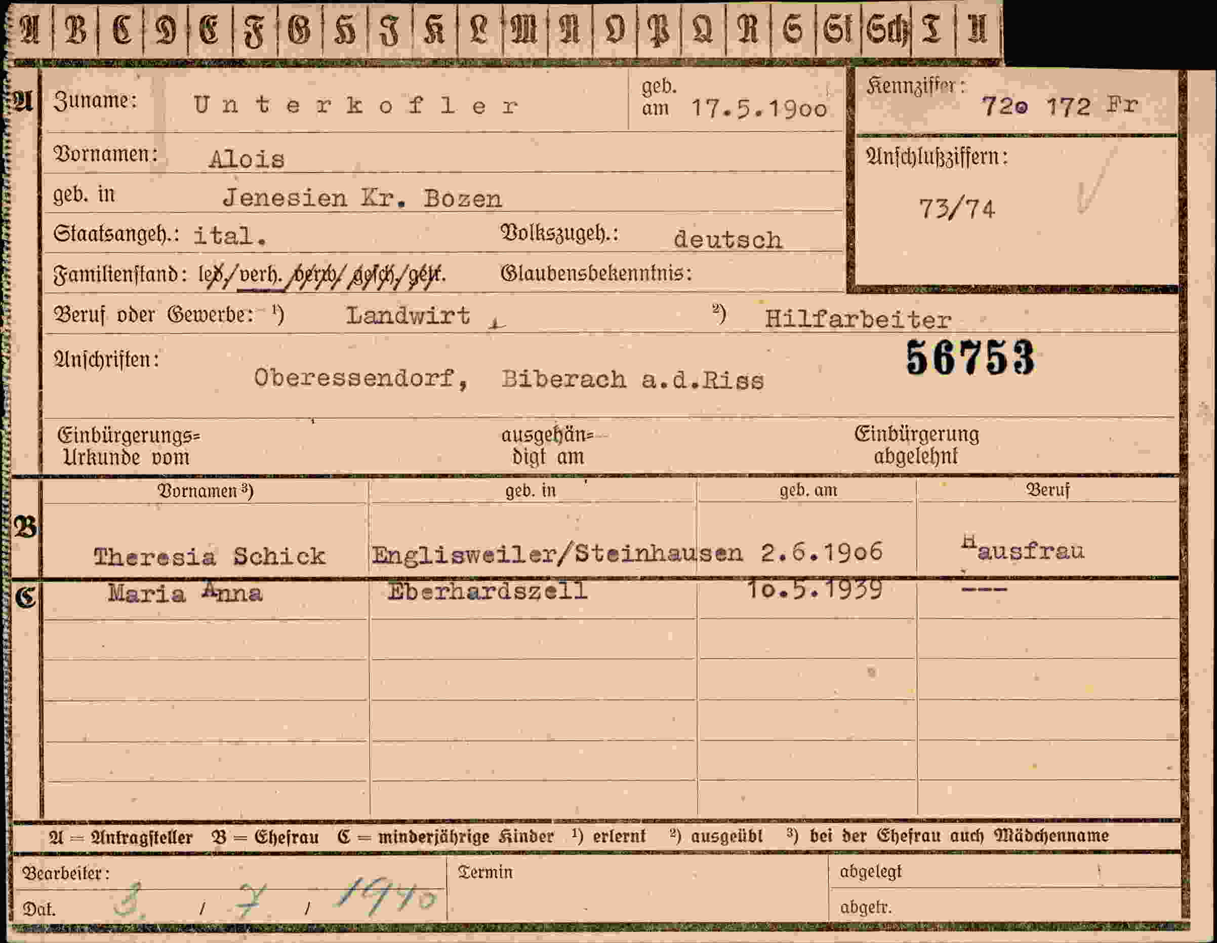 Dokument für Alois Unterkofler