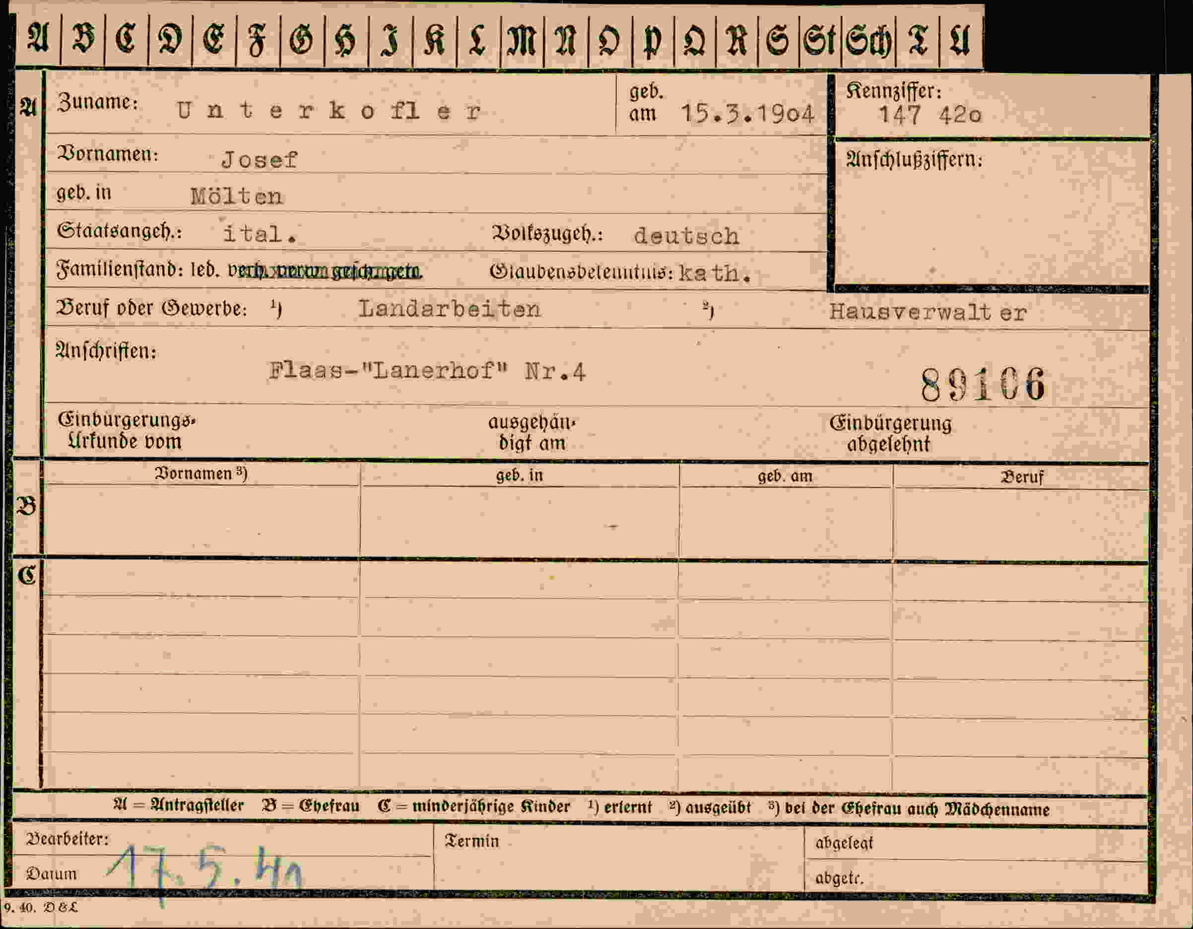 Dokument für Josef Unterkofler