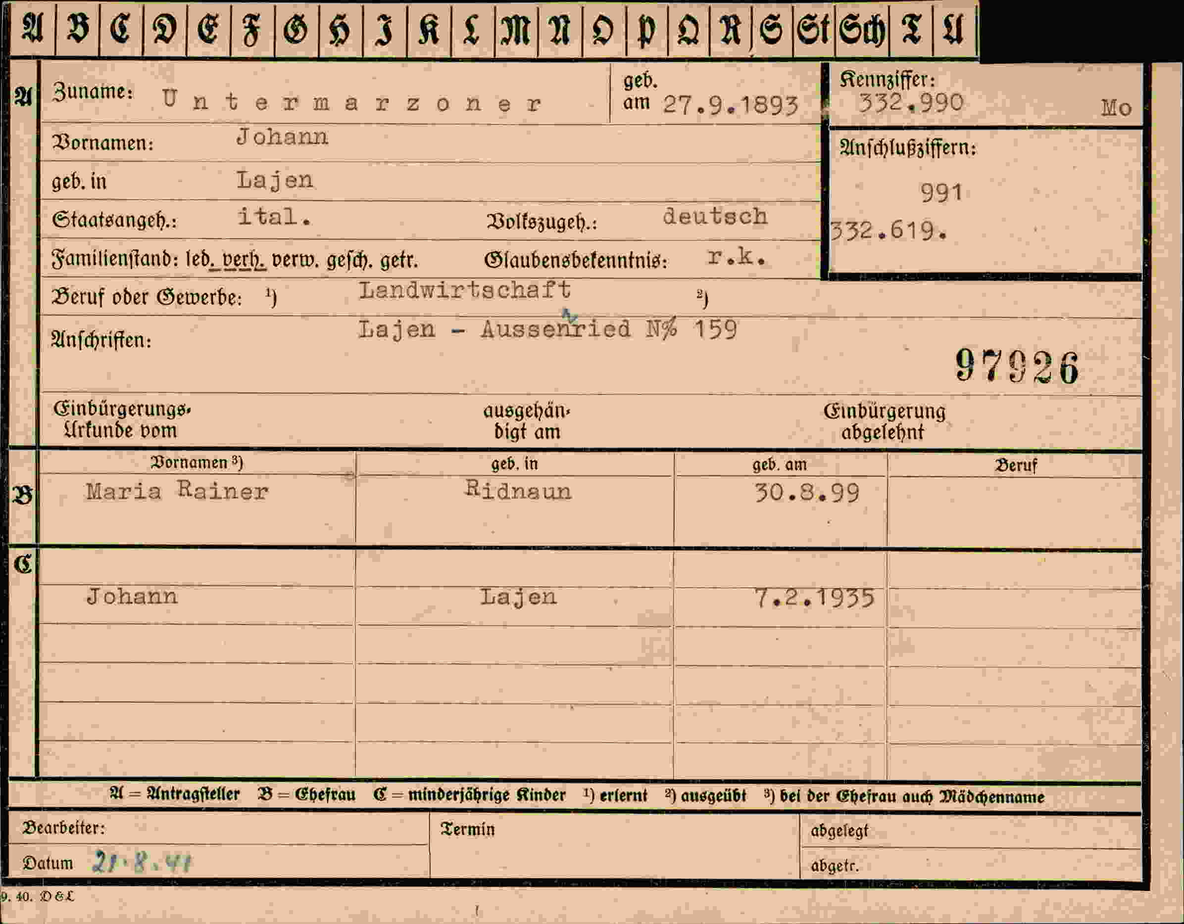 Dokument für Johann Untermarzoner