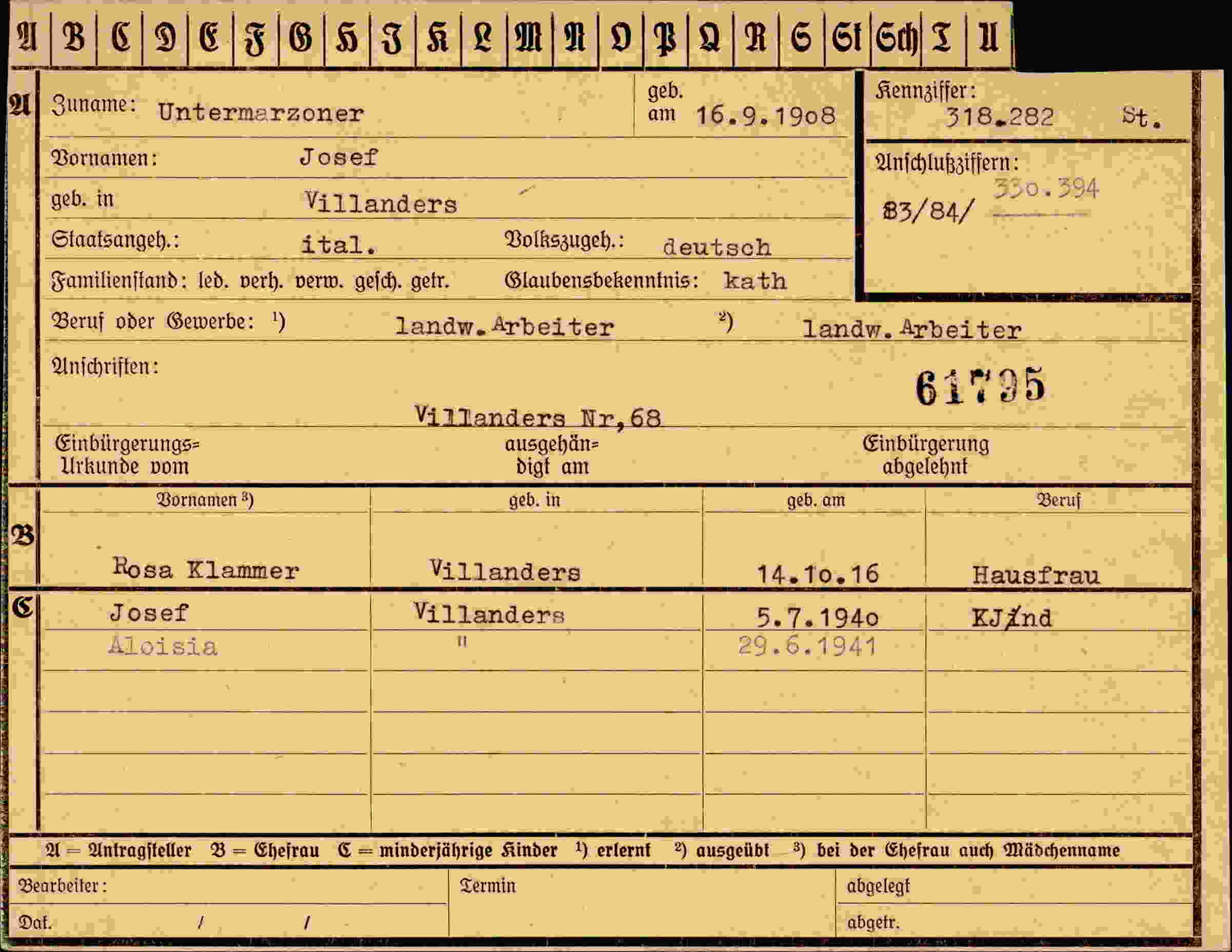 Dokument für Josef Untermarzoner