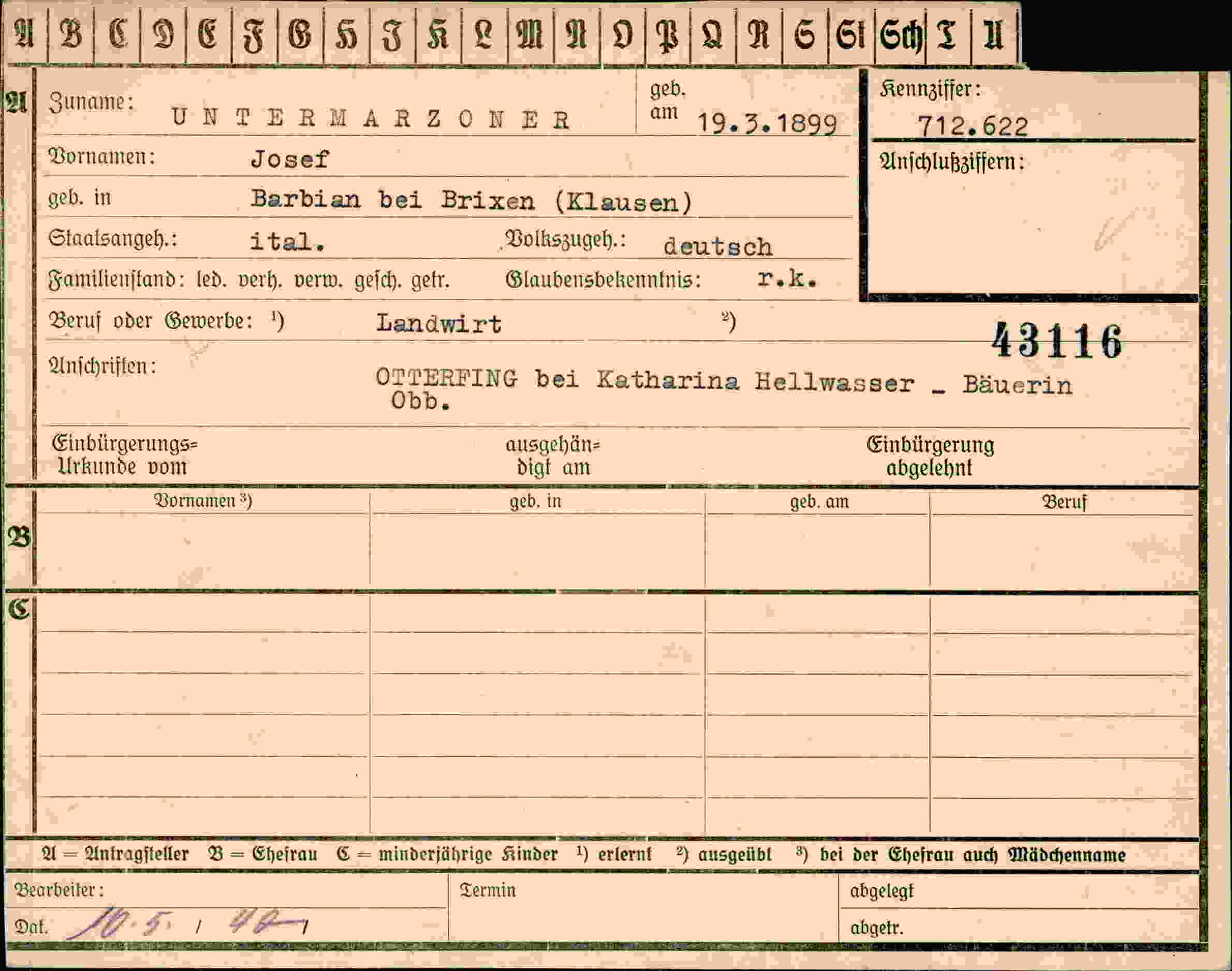 Dokument für Josef Untermarzoner