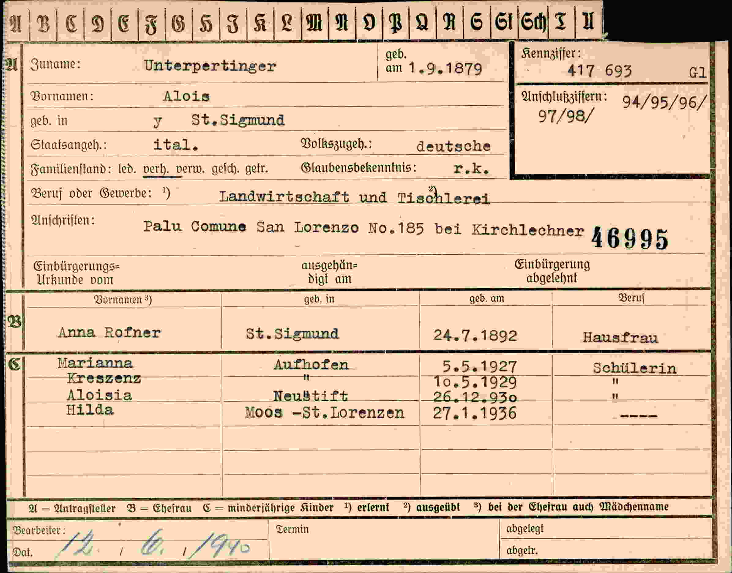 Dokument für Alois Unterpertinger