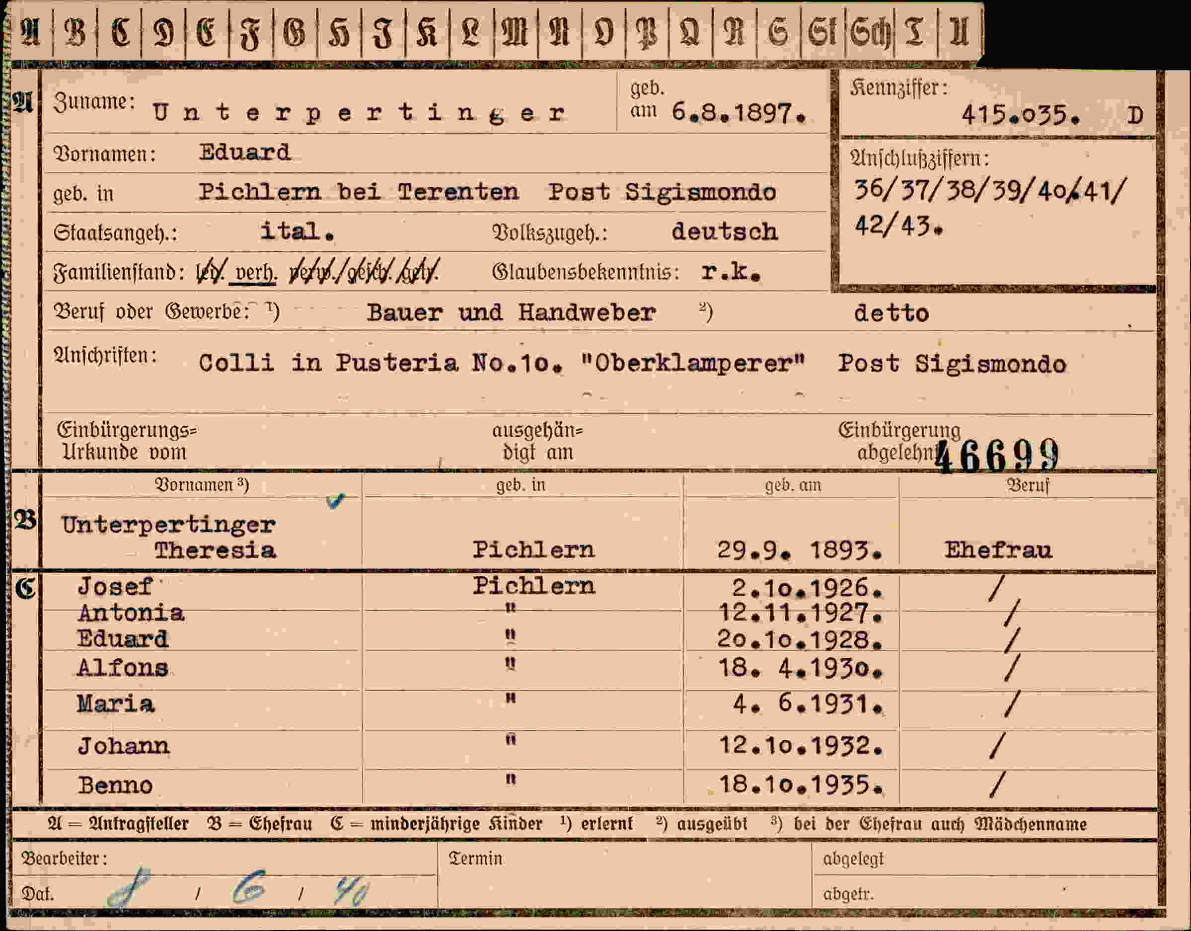Dokument für Eduard Unterpertinger