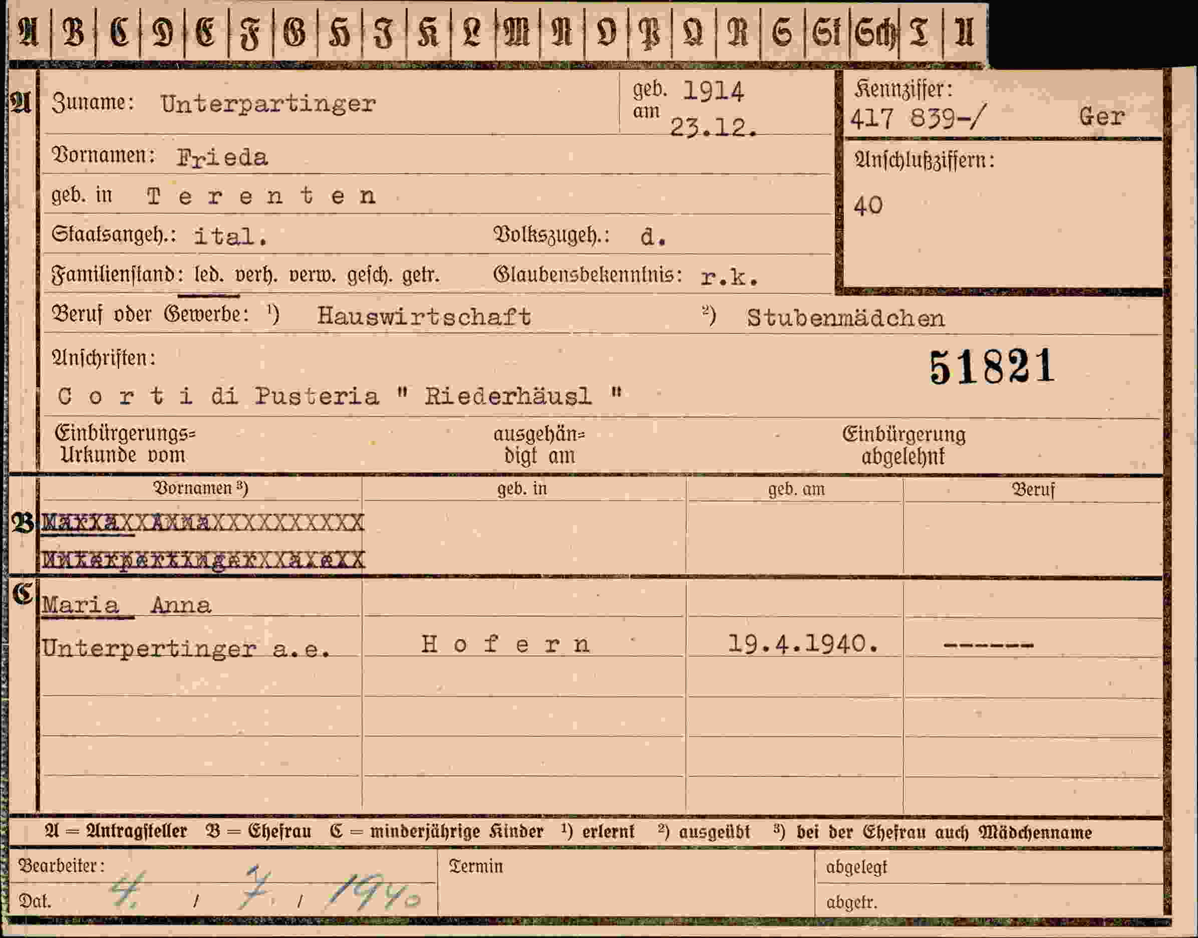 Dokument für Frieda Unterpartinger