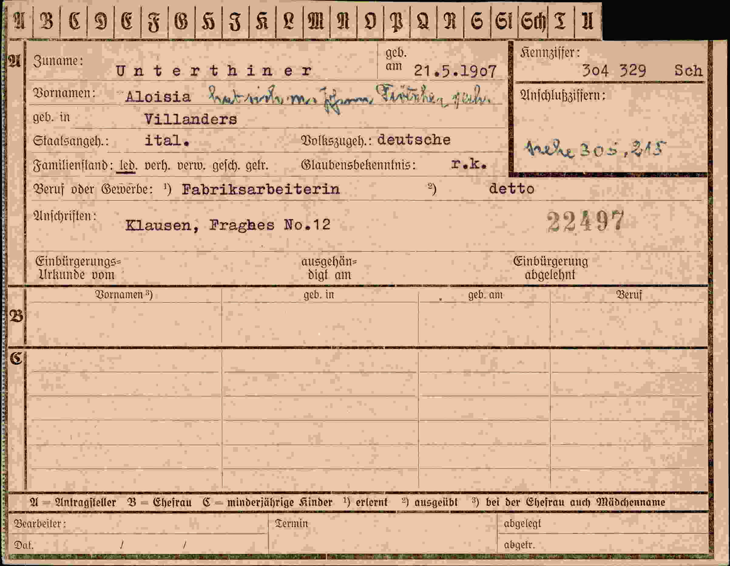 Dokument für Aloisia Unterthiner