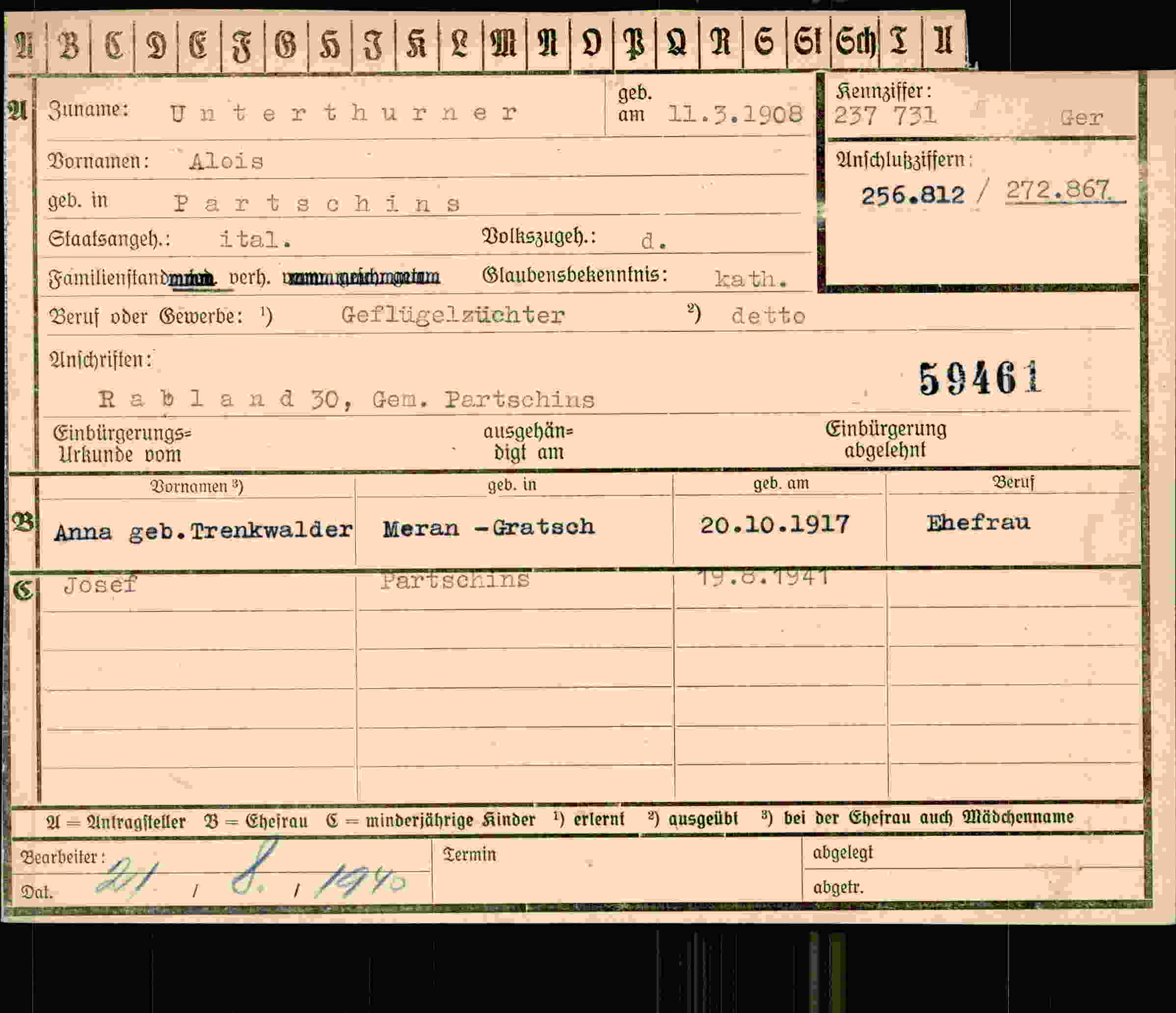 Dokument für Alois Unterthurner