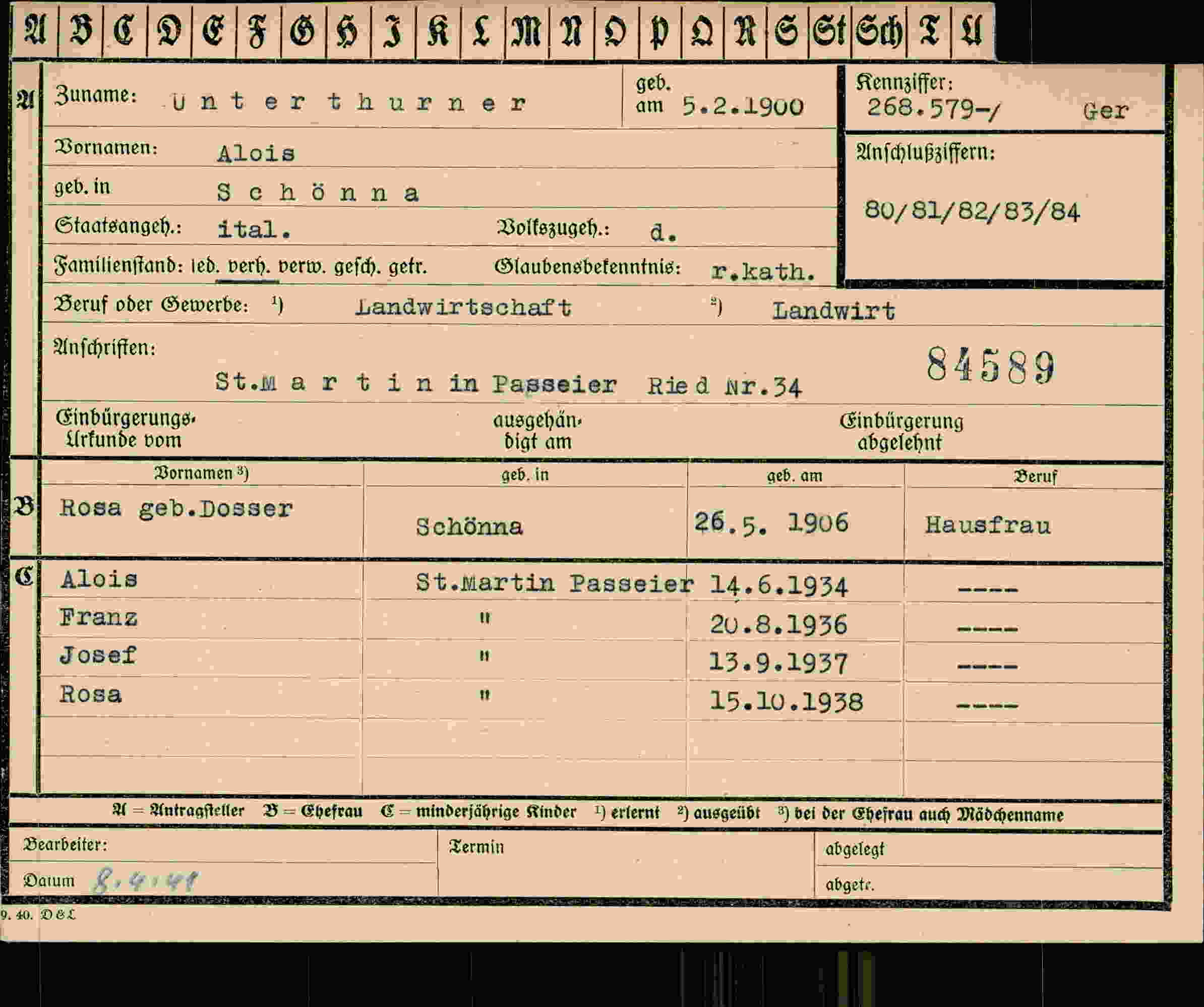 Dokument für Alois Unterthurner