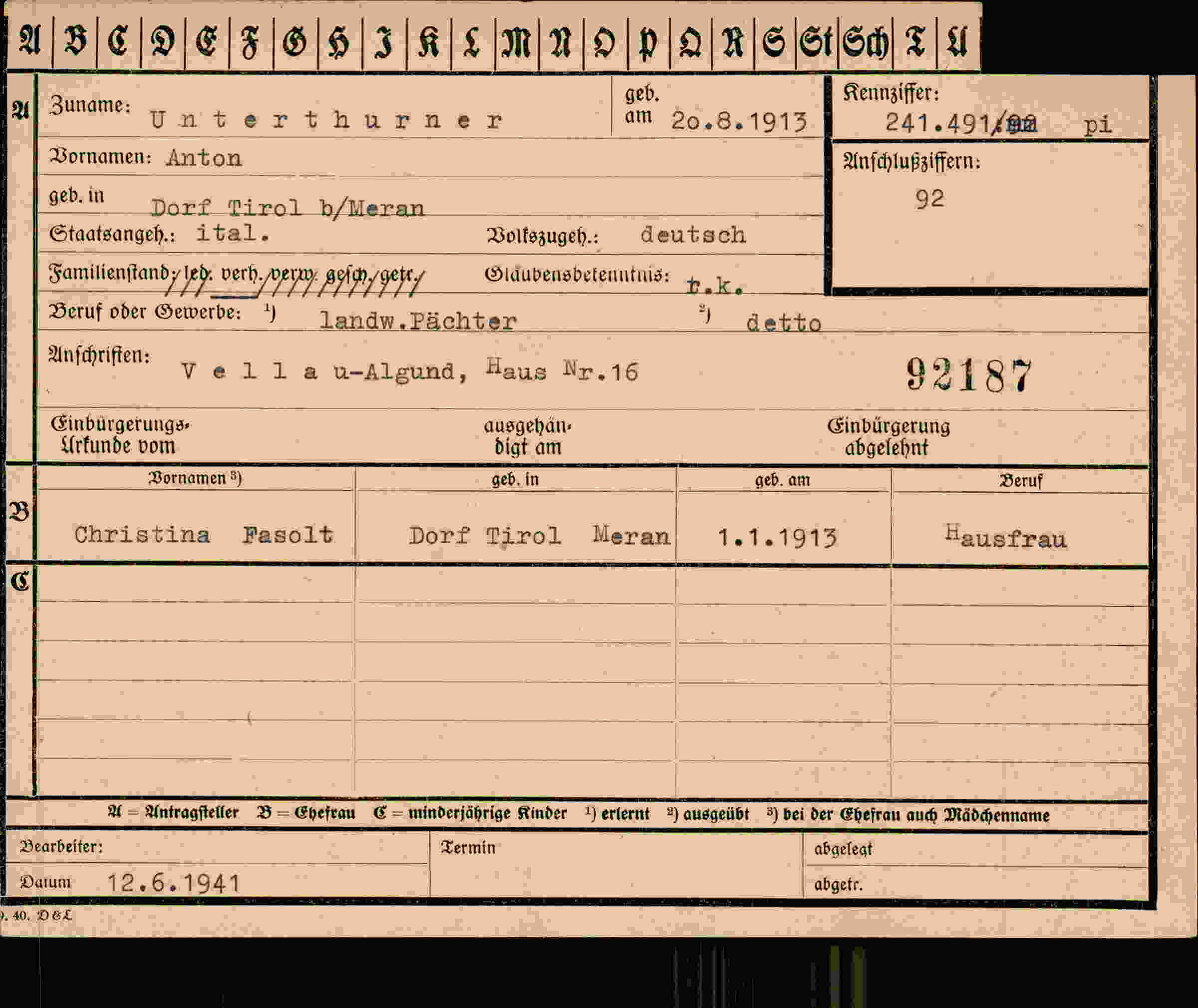 Dokument für Anton Unterthurner