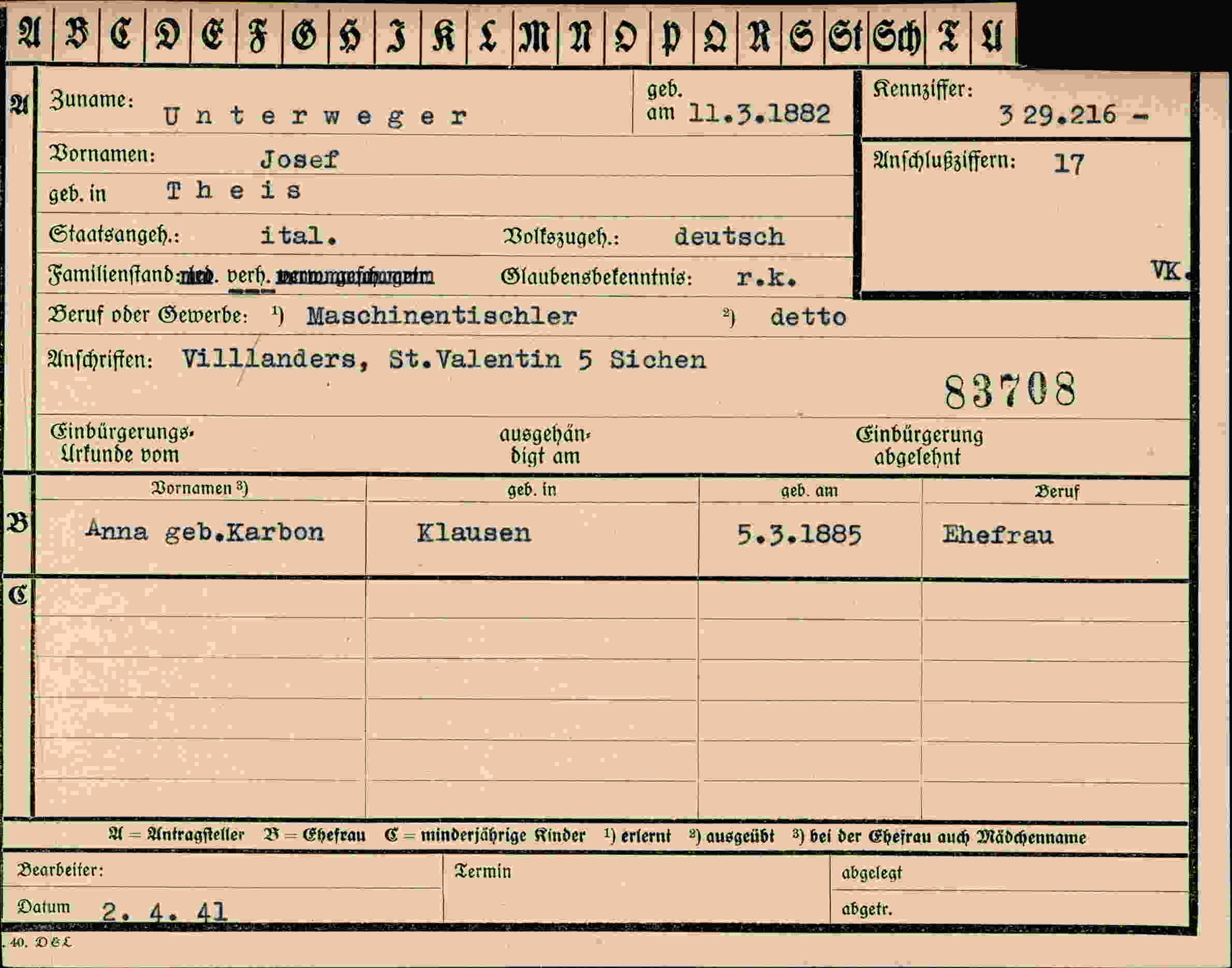 Dokument für Josef Unterweger