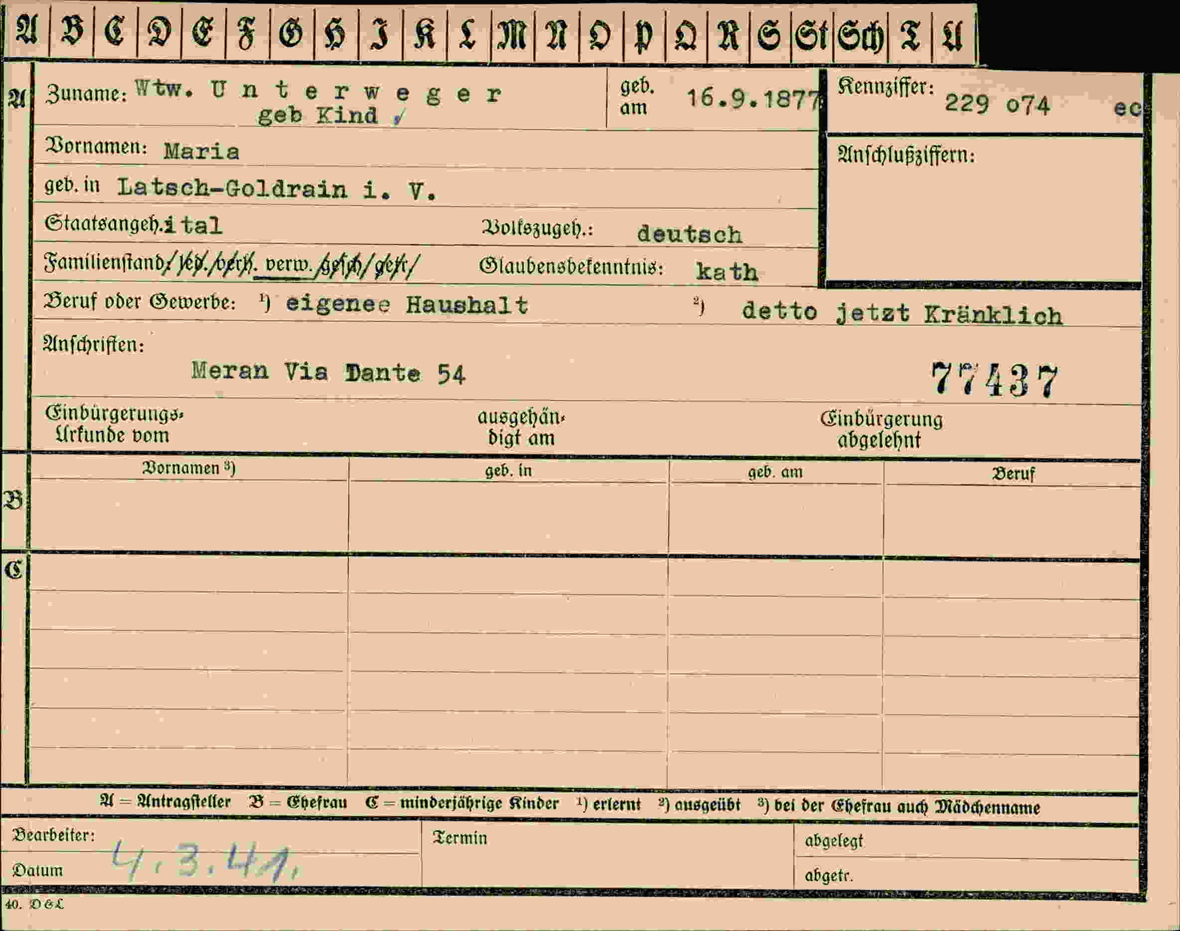 Dokument für Maria Unterweger