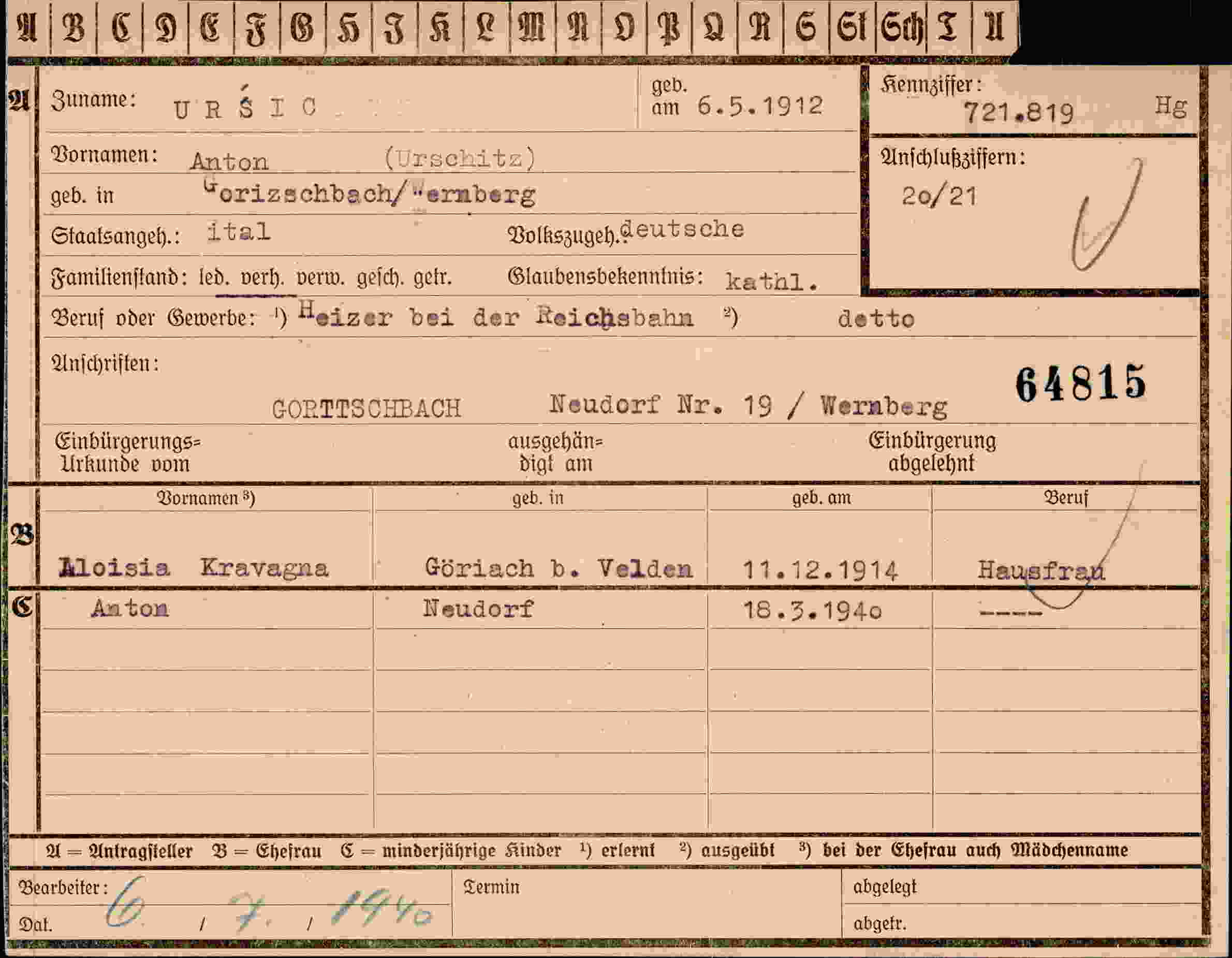 Dokument für Anton Ursic