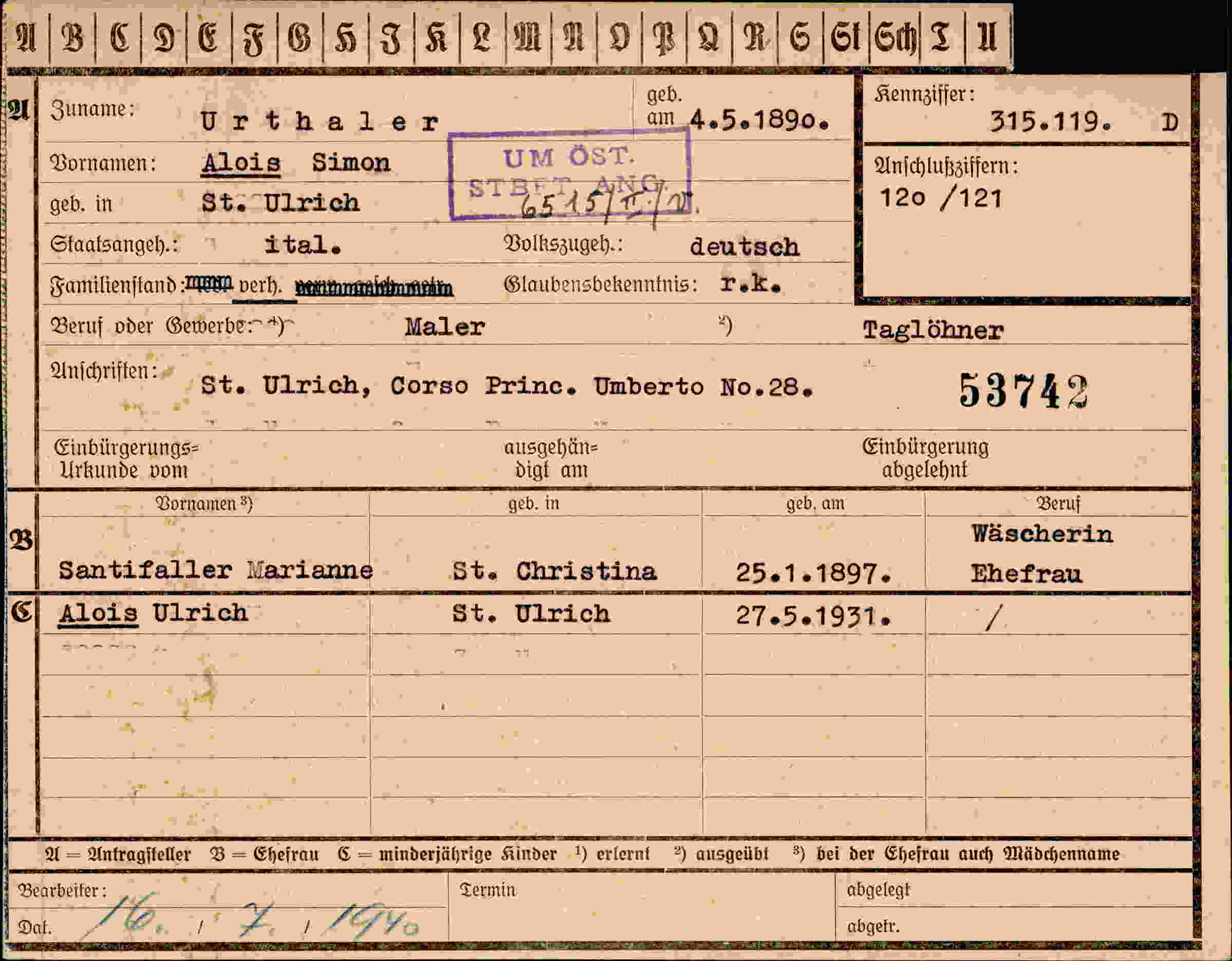 Dokument für Alois Simon Urthaler