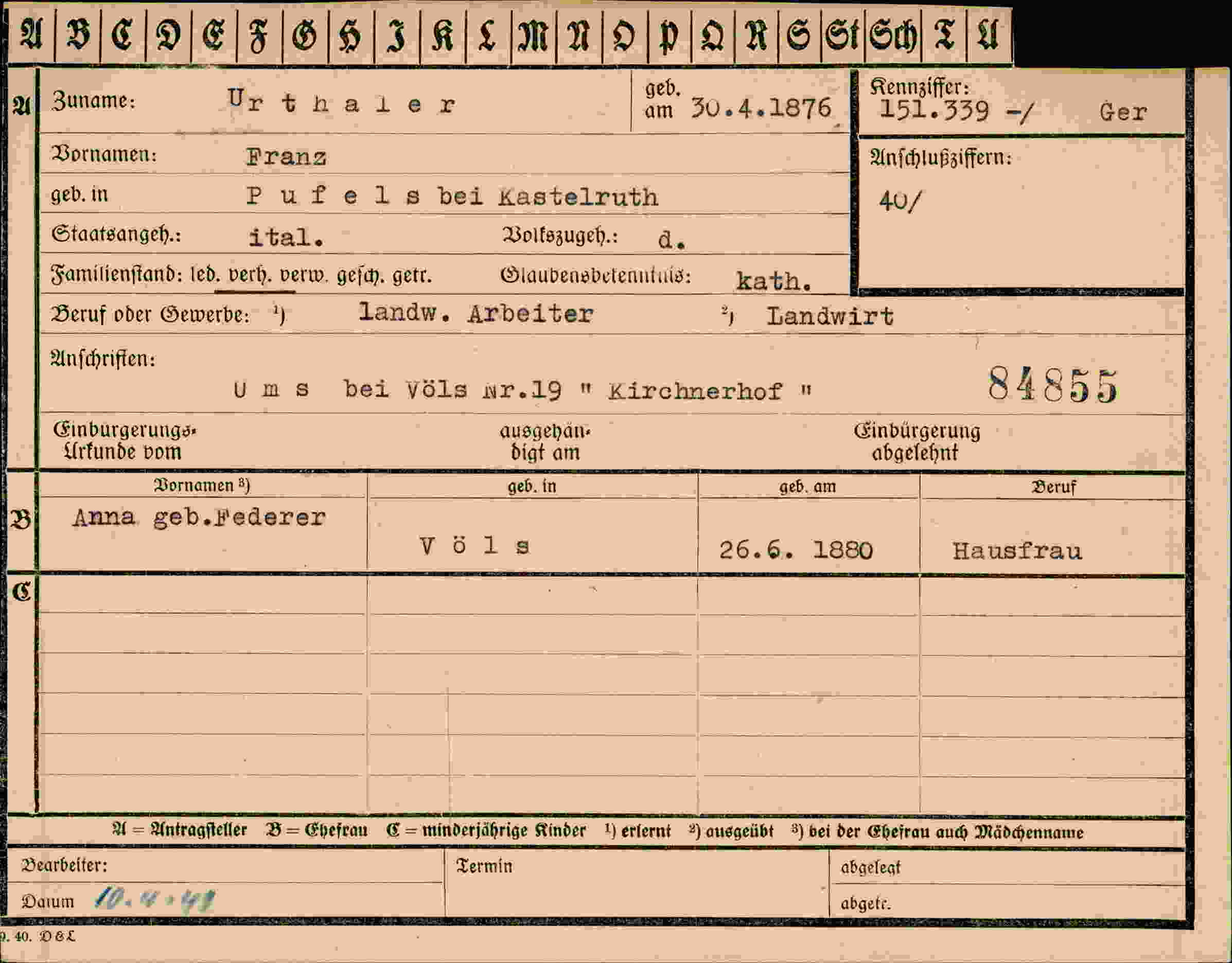 Dokument für Franz Urthaler