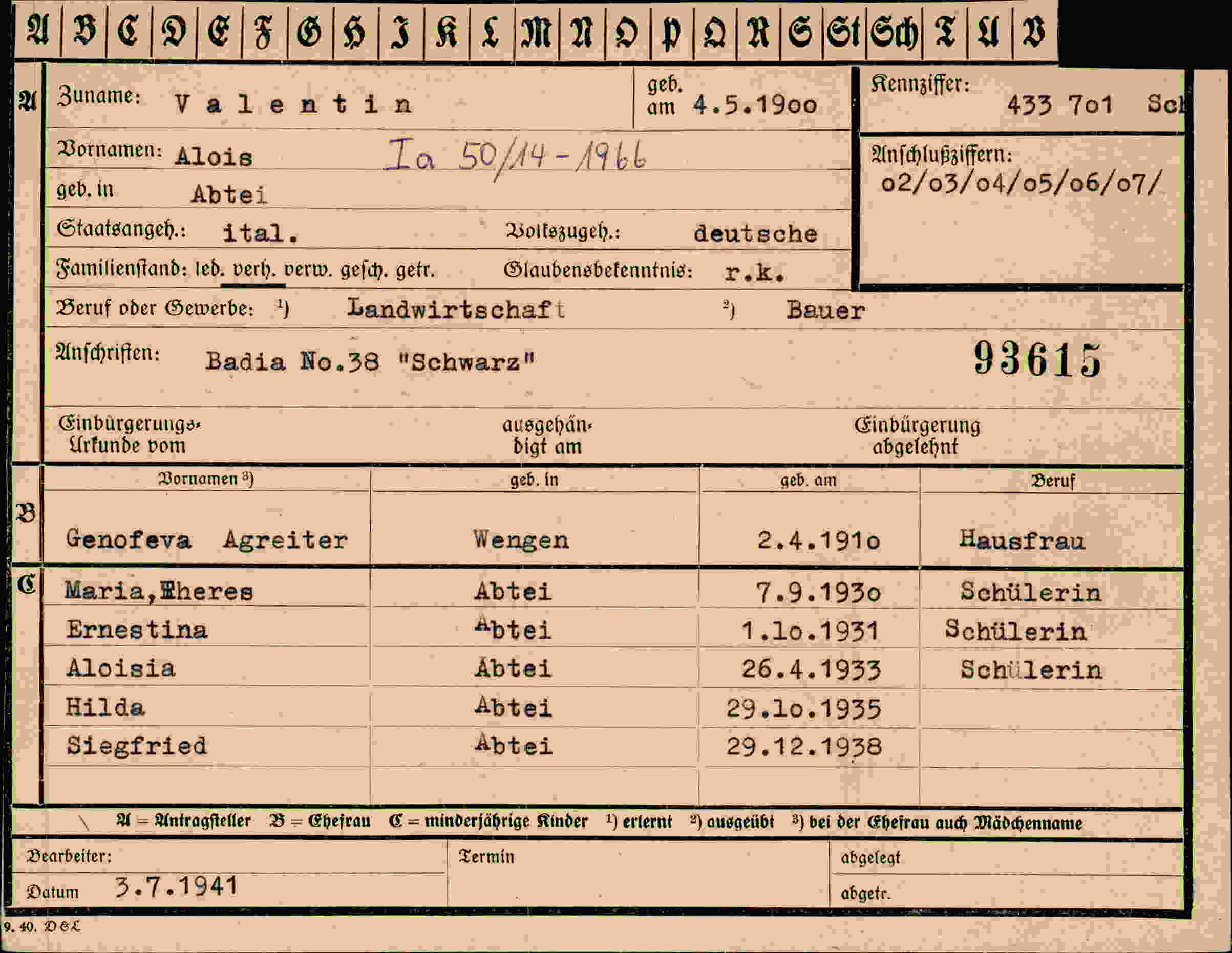 Dokument für Alois Valentin