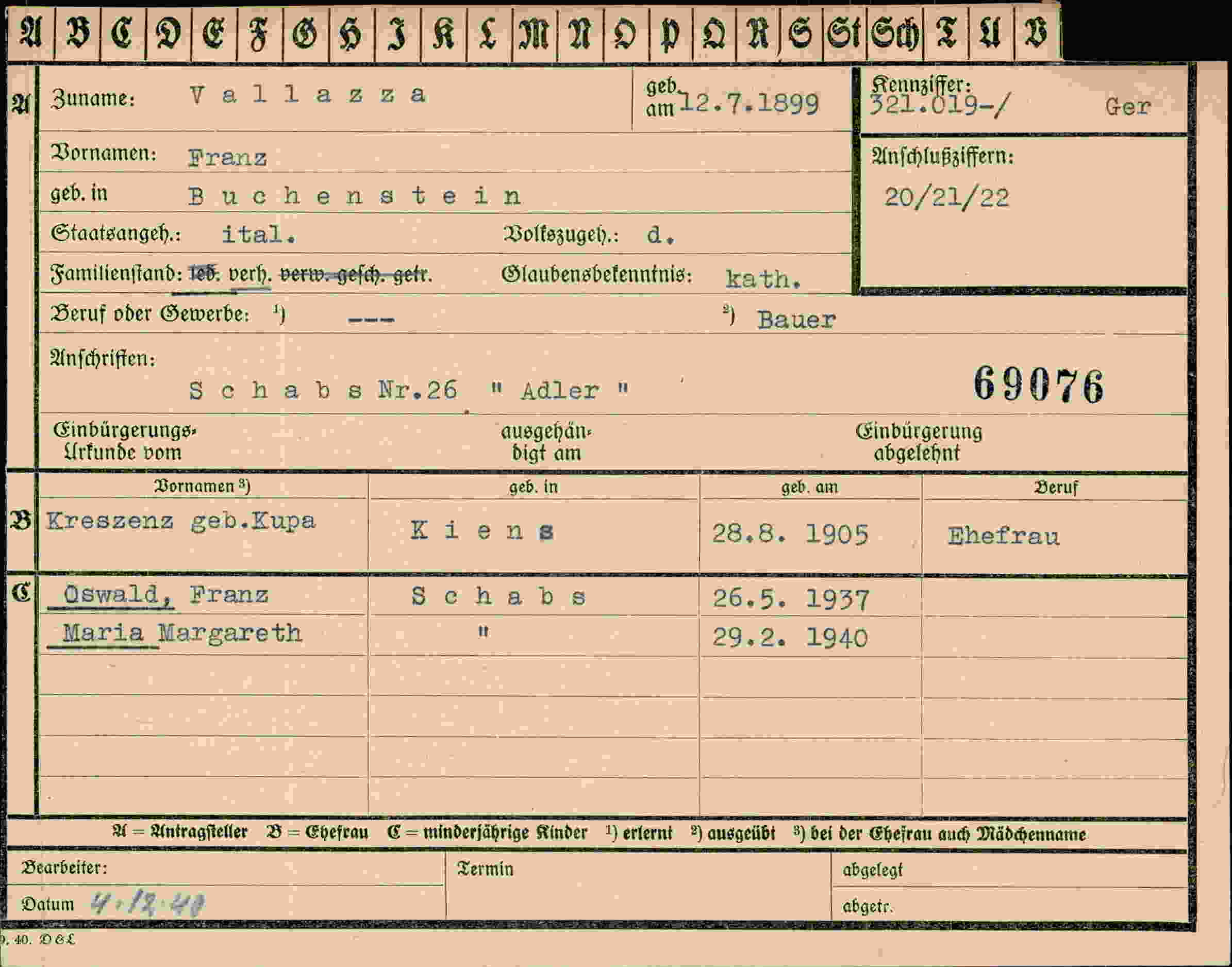 Dokument für Franz Vallazza