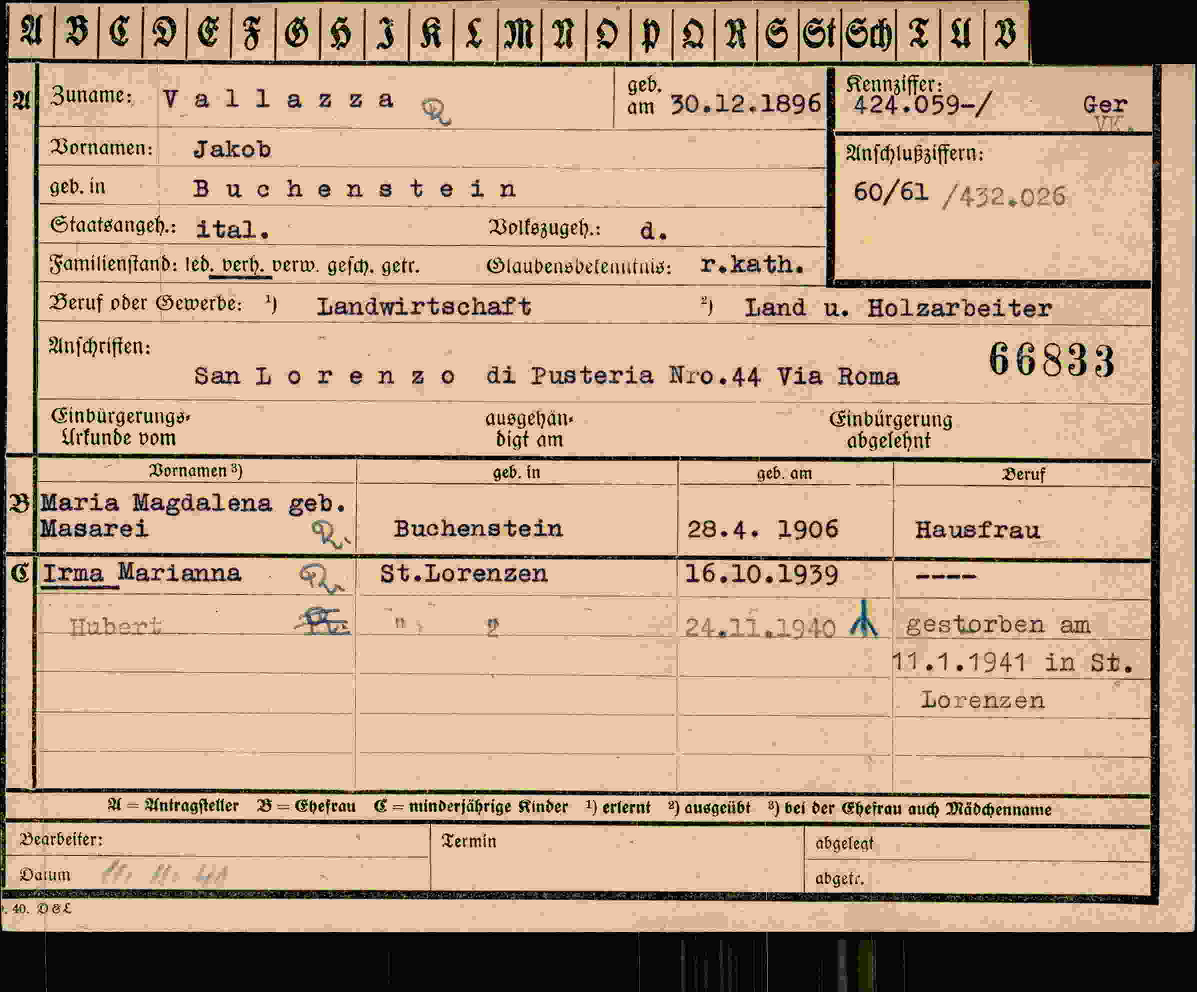 Dokument für Jakob Vallaza