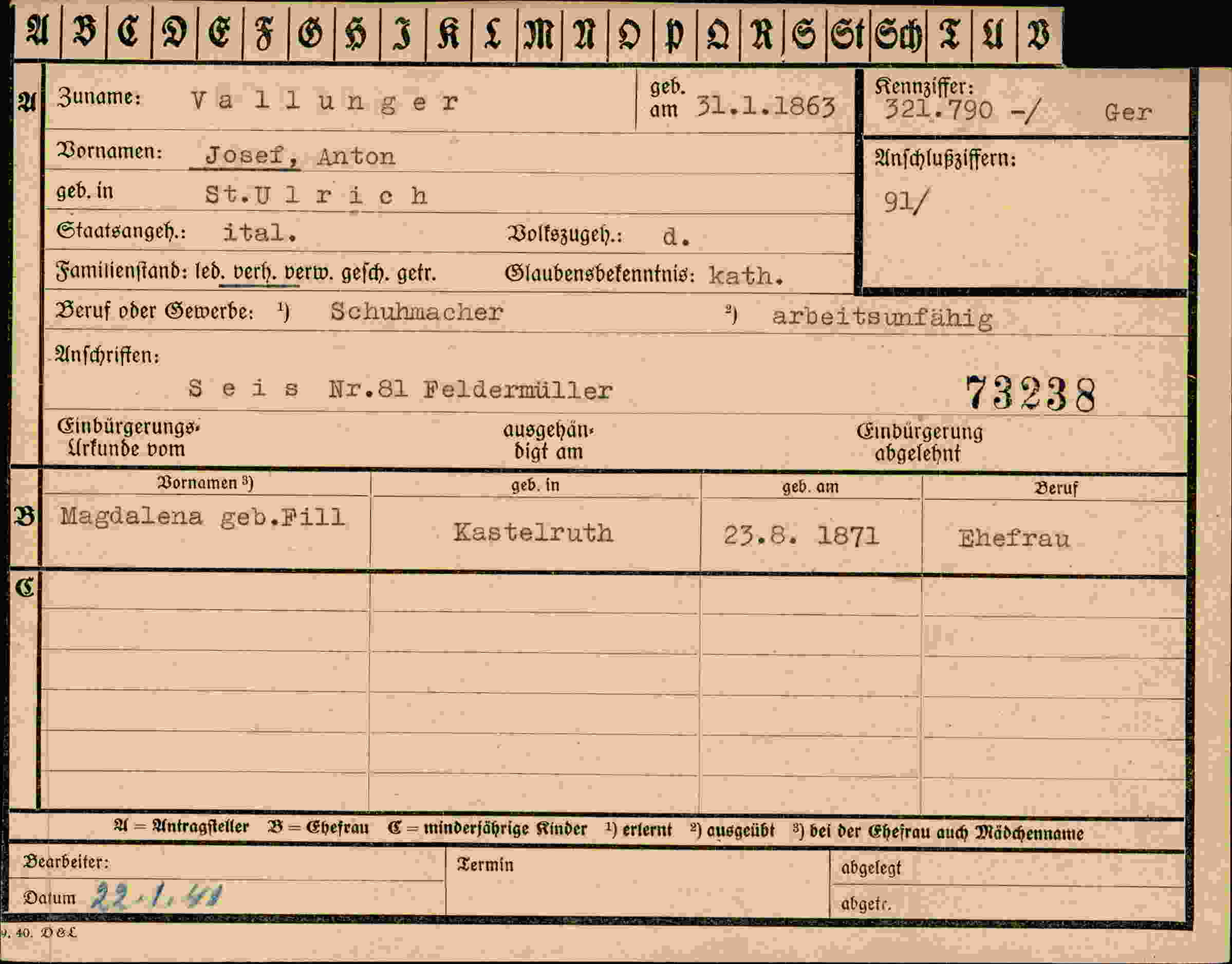 Dokument für Josef Anton Vallunger