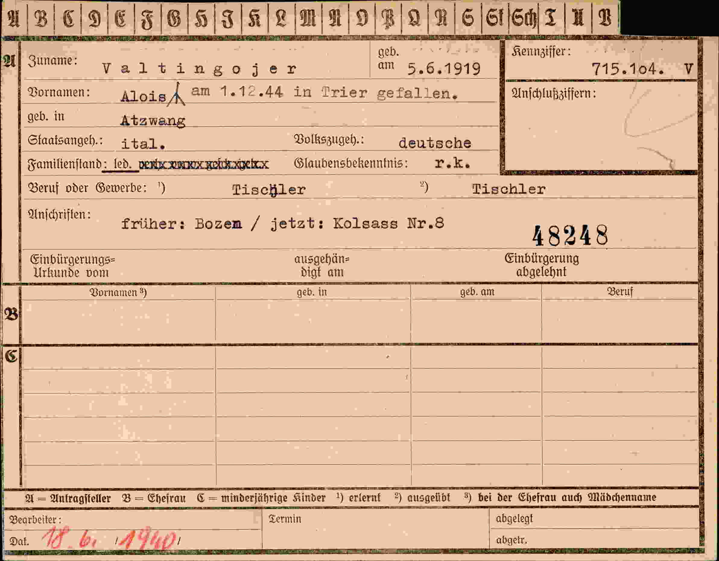 Dokument für Alois Valtingojer