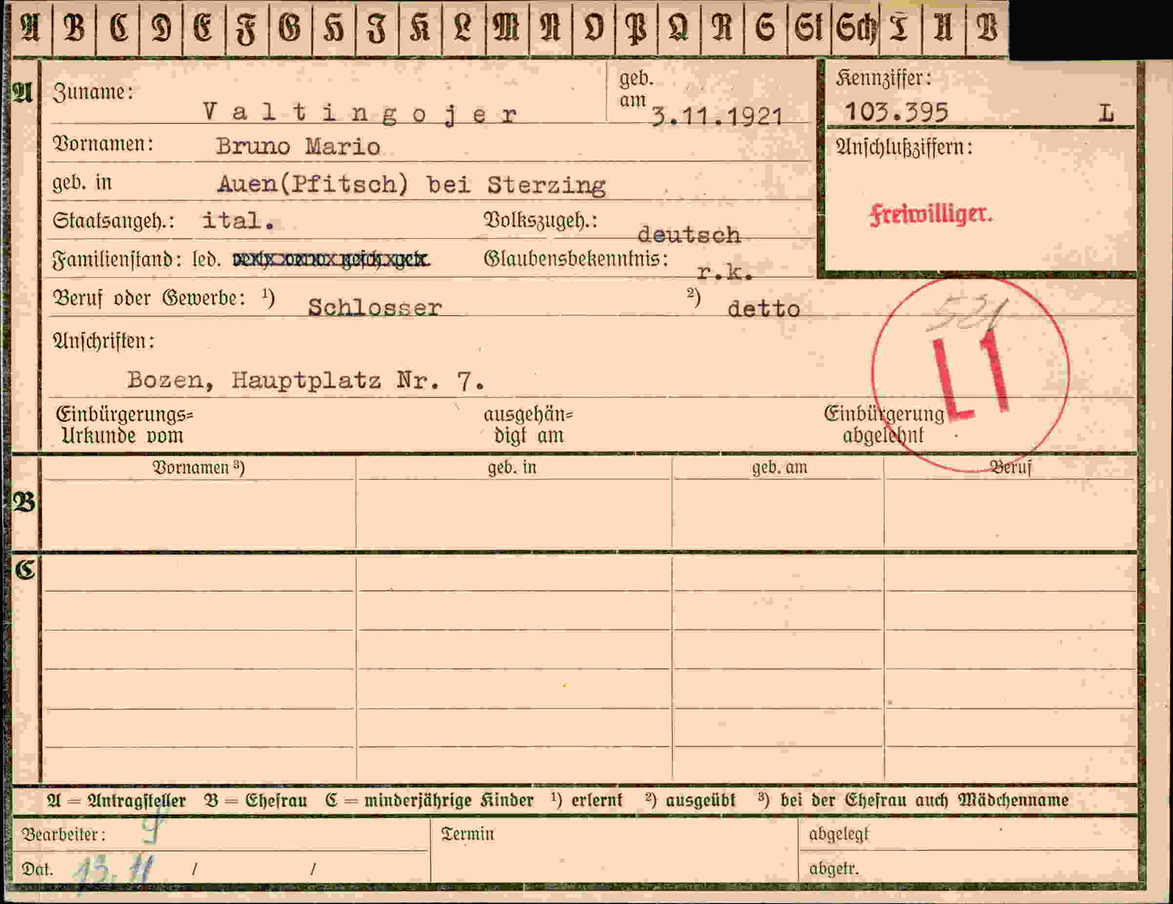 Dokument für Bruno Maria Valtingojer