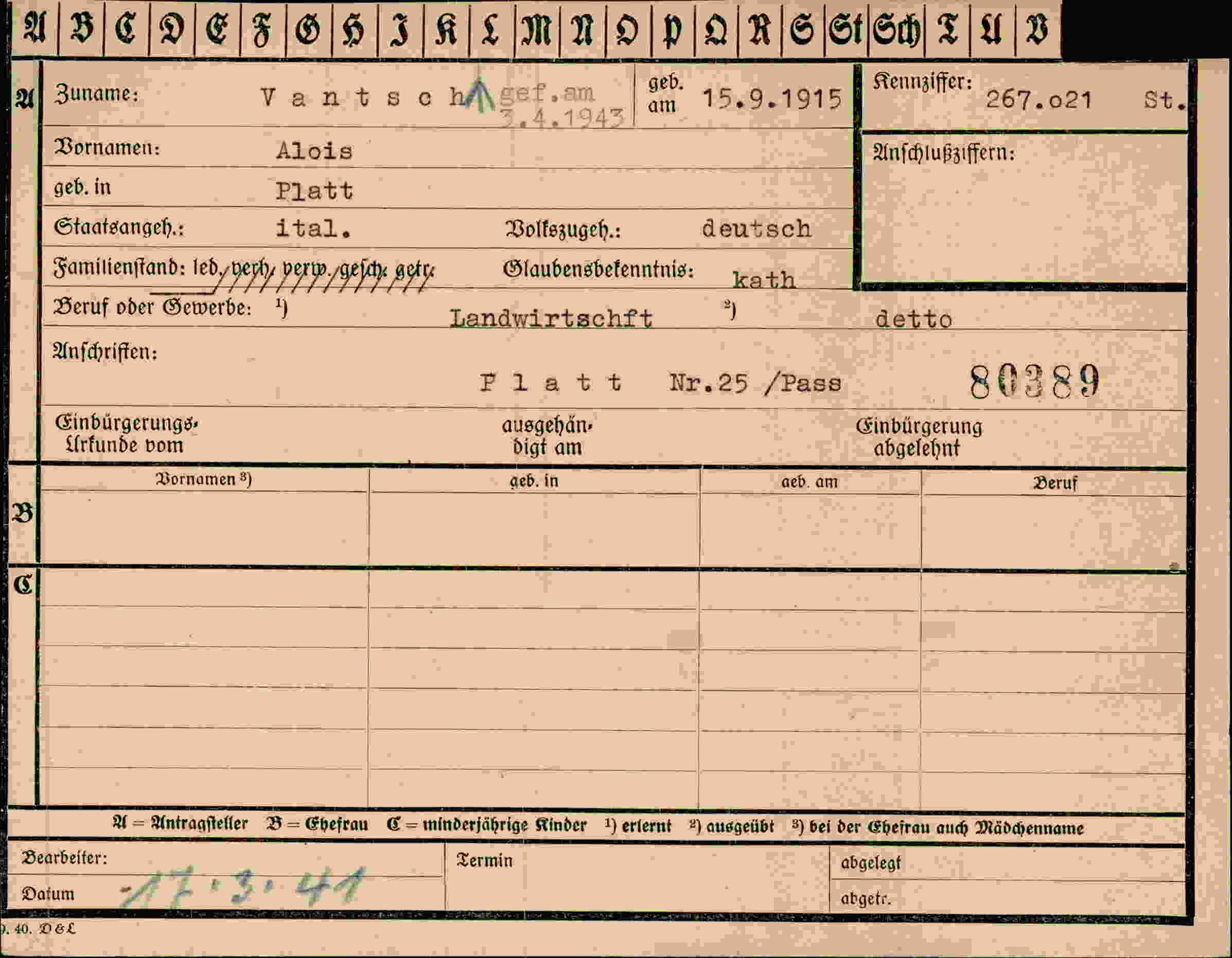 Dokument für Alois Vantsch