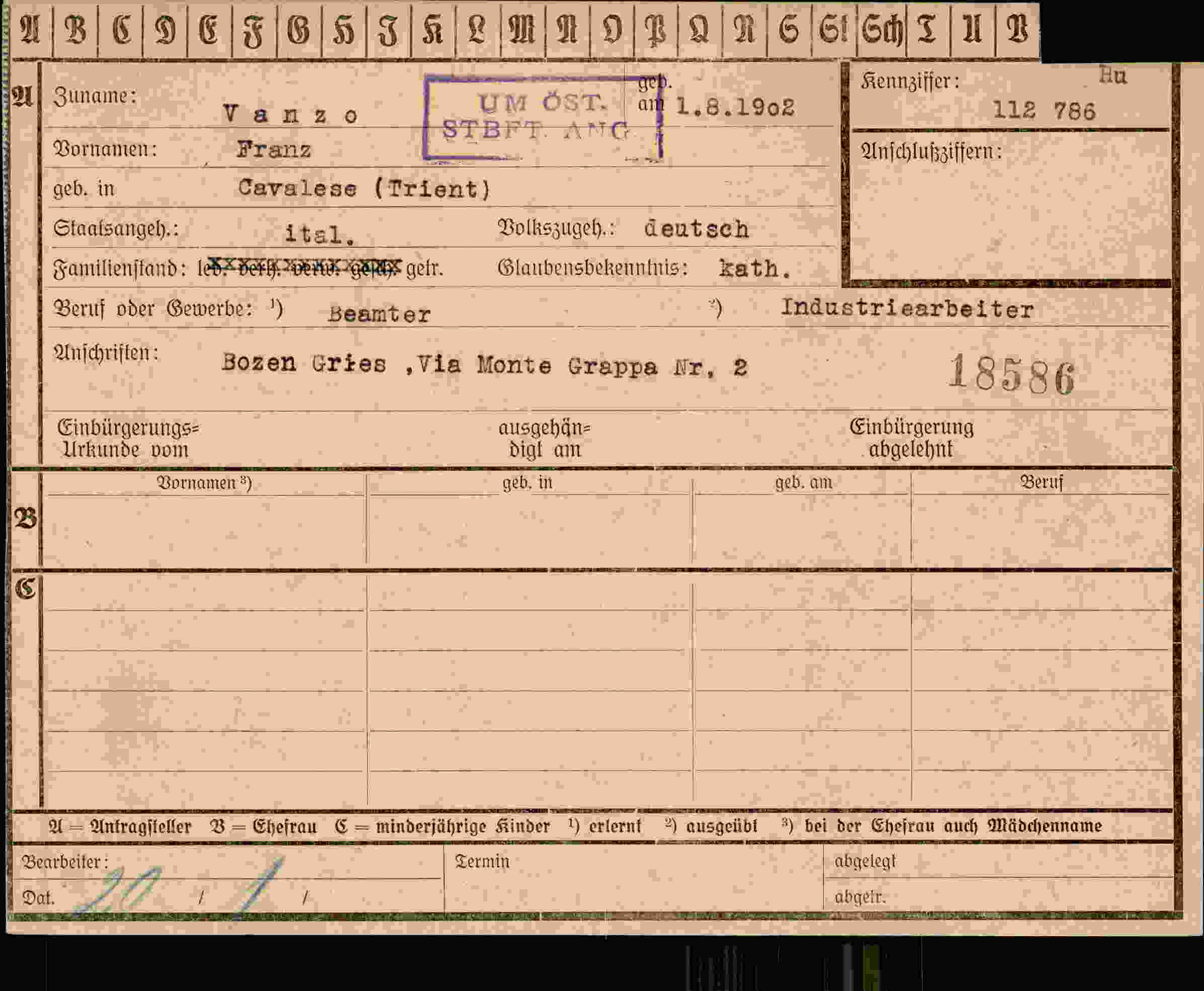 Dokument für Franz Vanzo