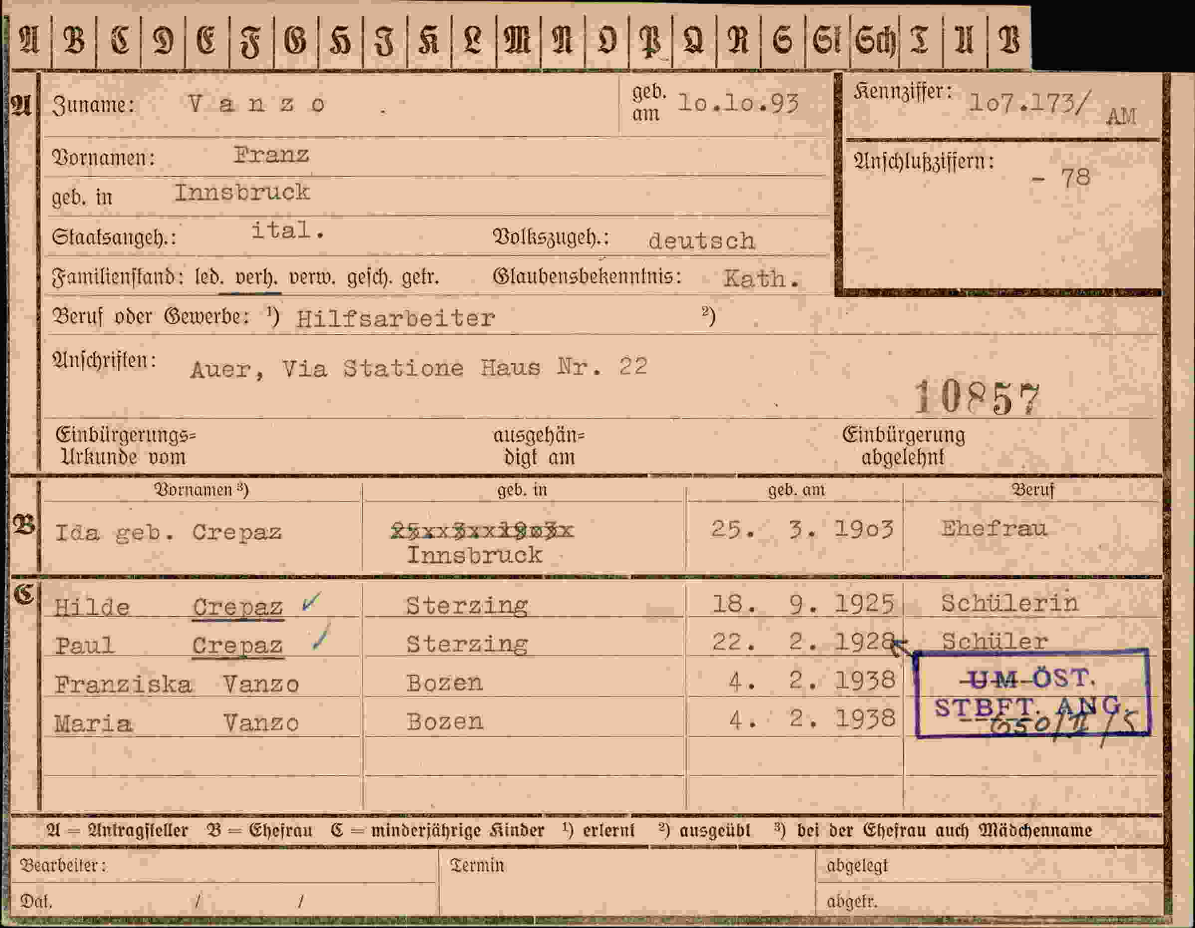 Dokument für Franz Vanzo
