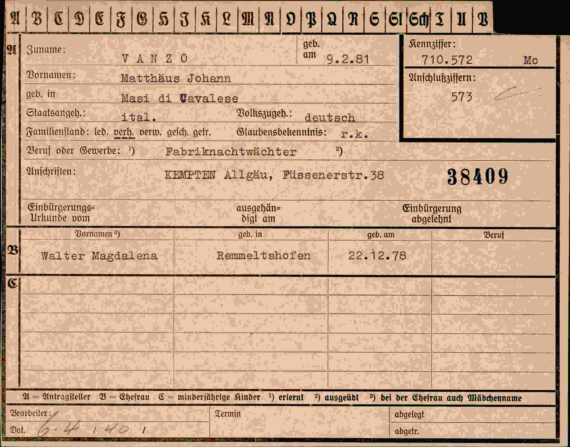 Dokument für Matthäus Johann Vanzo