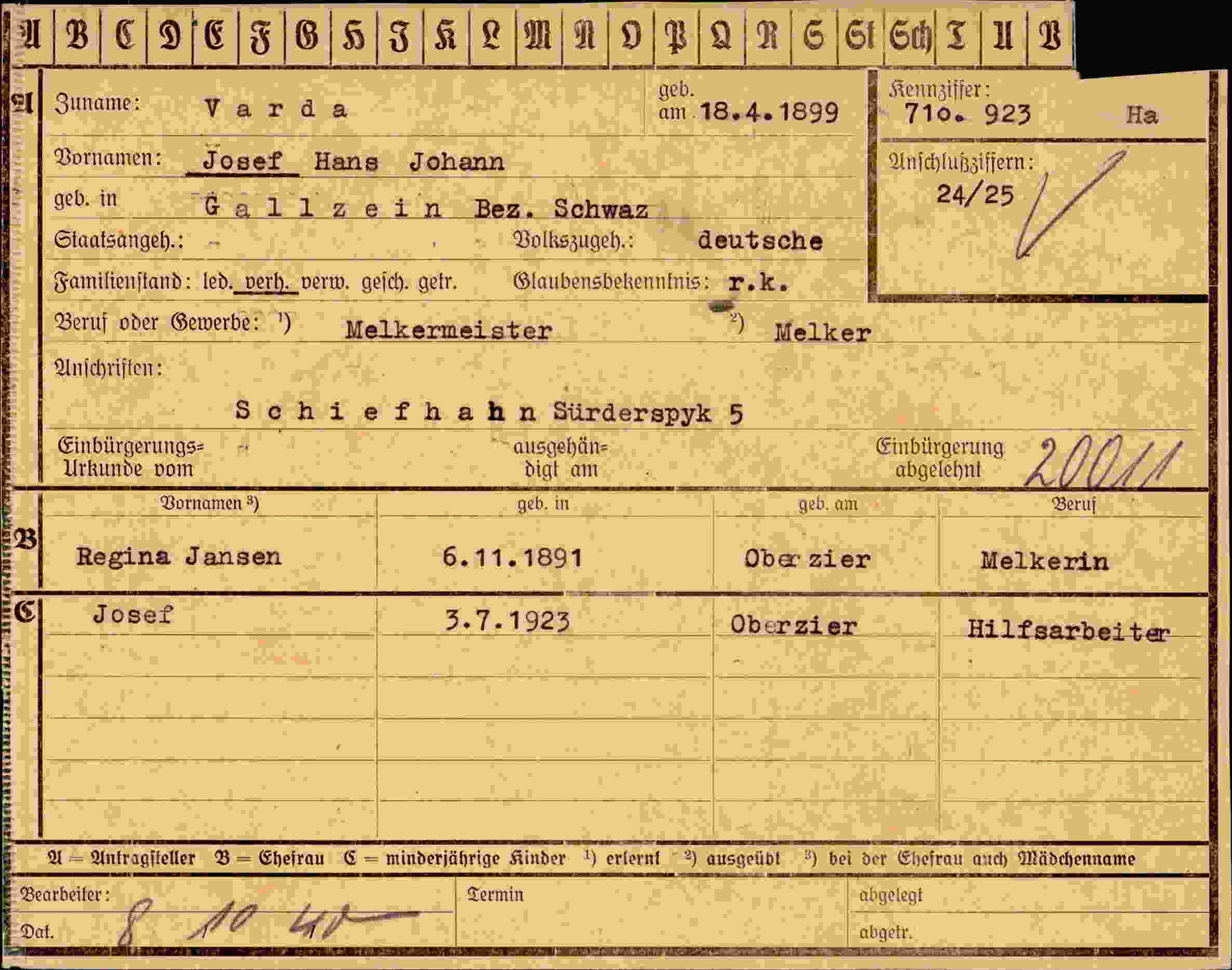 Dokument für Josef Hans Johann Varda