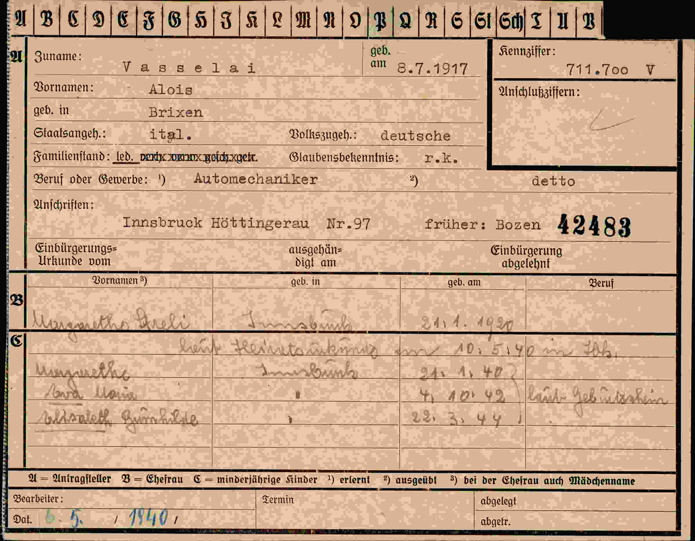 Dokument für Alois Vasselai