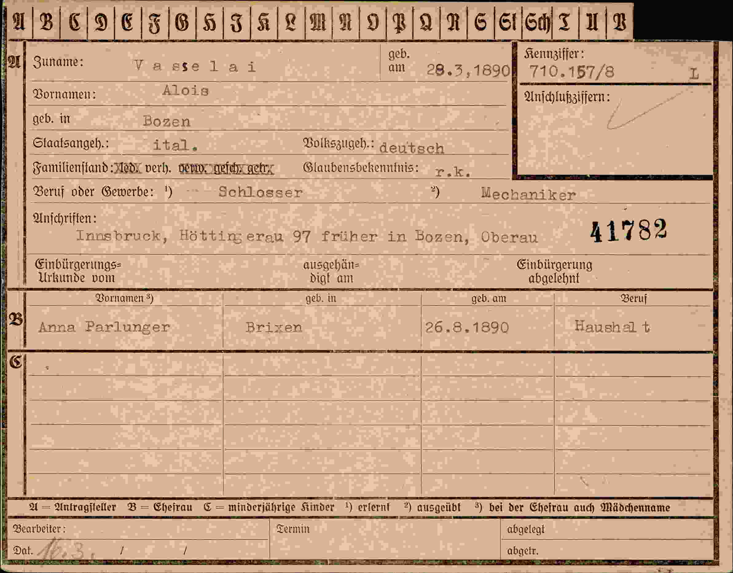 Dokument für Alois Vaselai