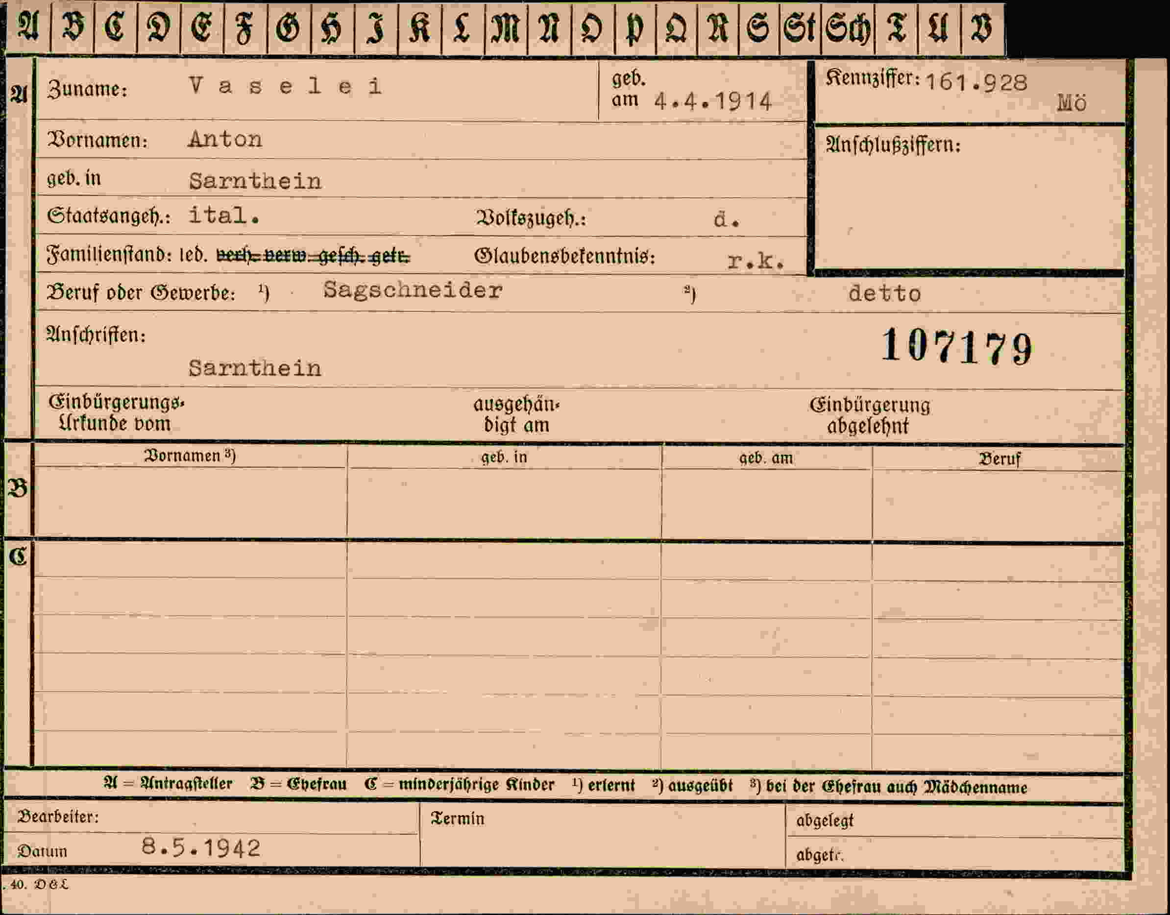 Dokument für Anton Vaselei