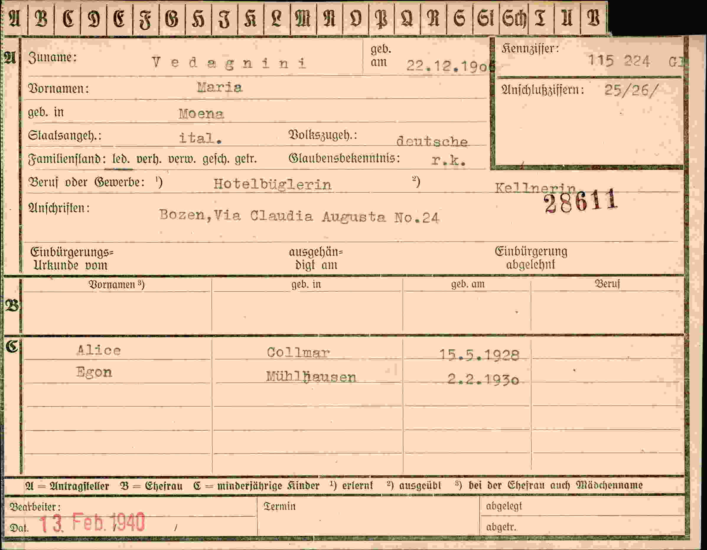 Dokument für Maria Vedagnini