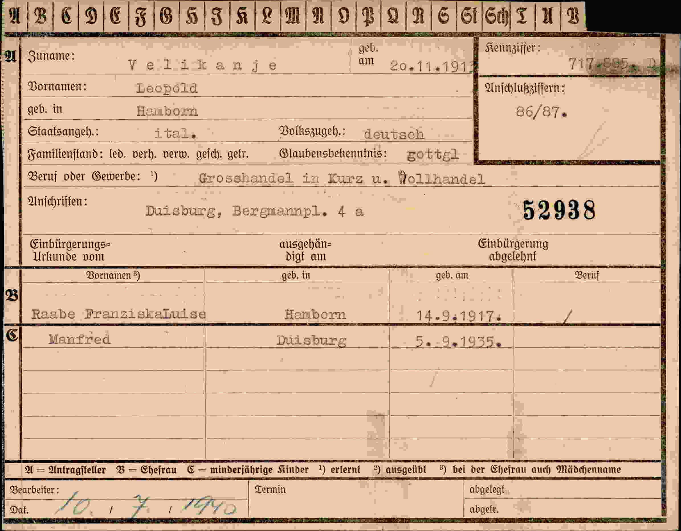 Dokument für Leopold Velikanje