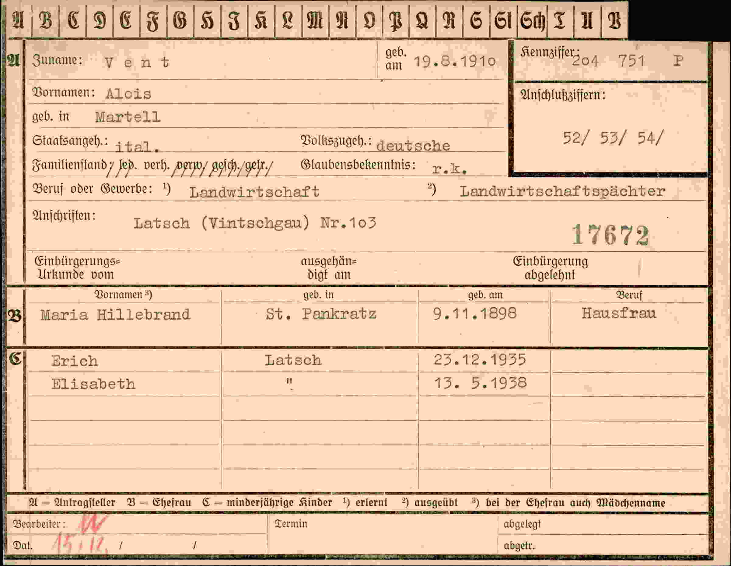 Dokument für Alois Vent